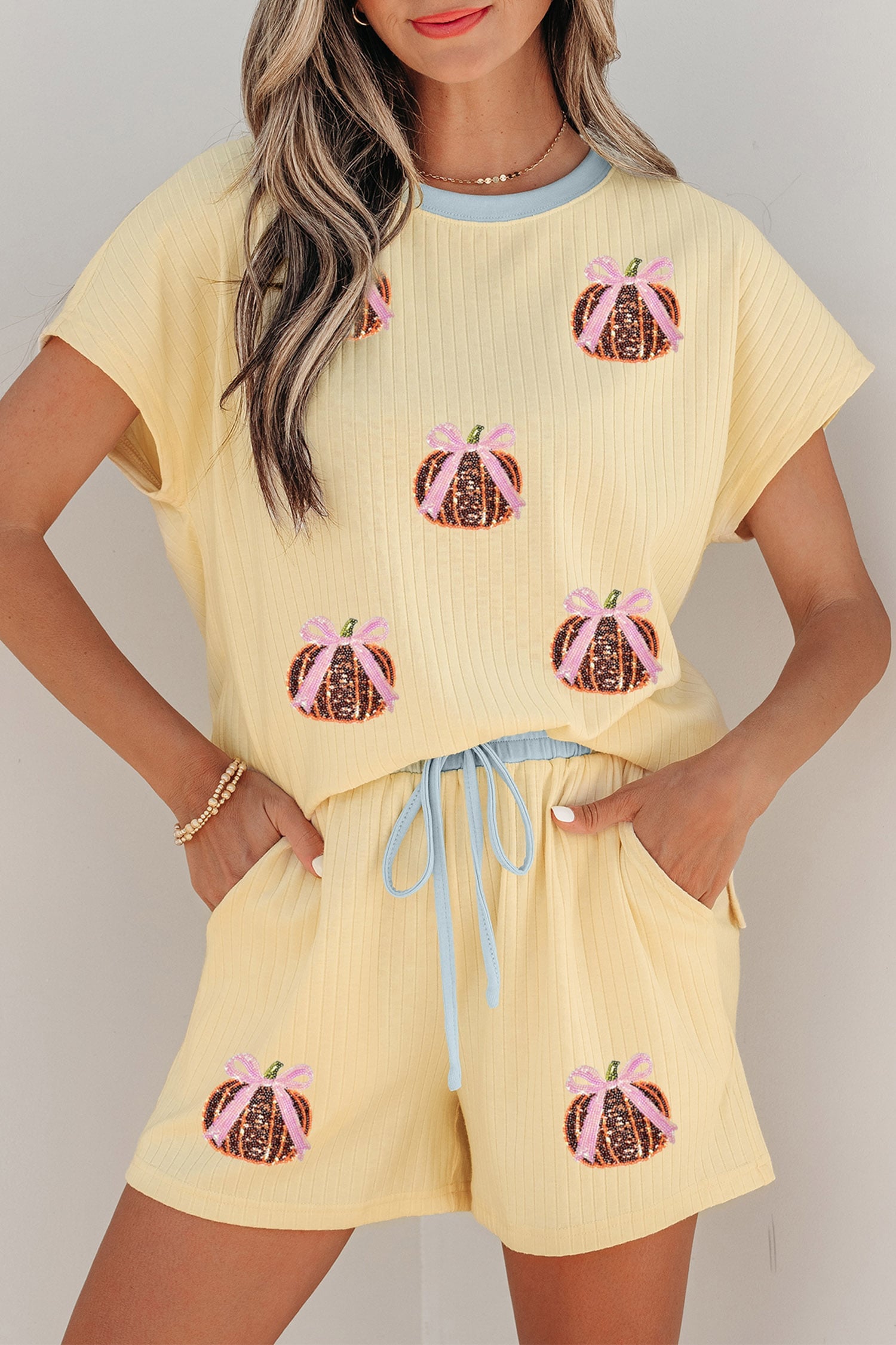 Yellow Cream Ribbed Knit Pumpkin Sequin Patch Graphic Short 2pcs Set