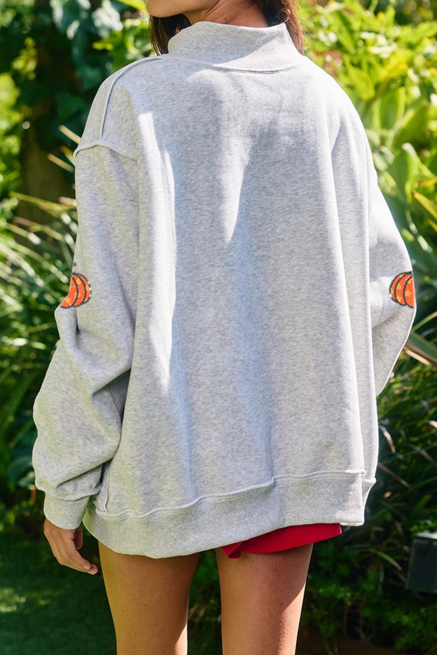 Light Grey Sequin Star Pumpkin Graphic Exposed Seam Mock Neck Sweatshirt