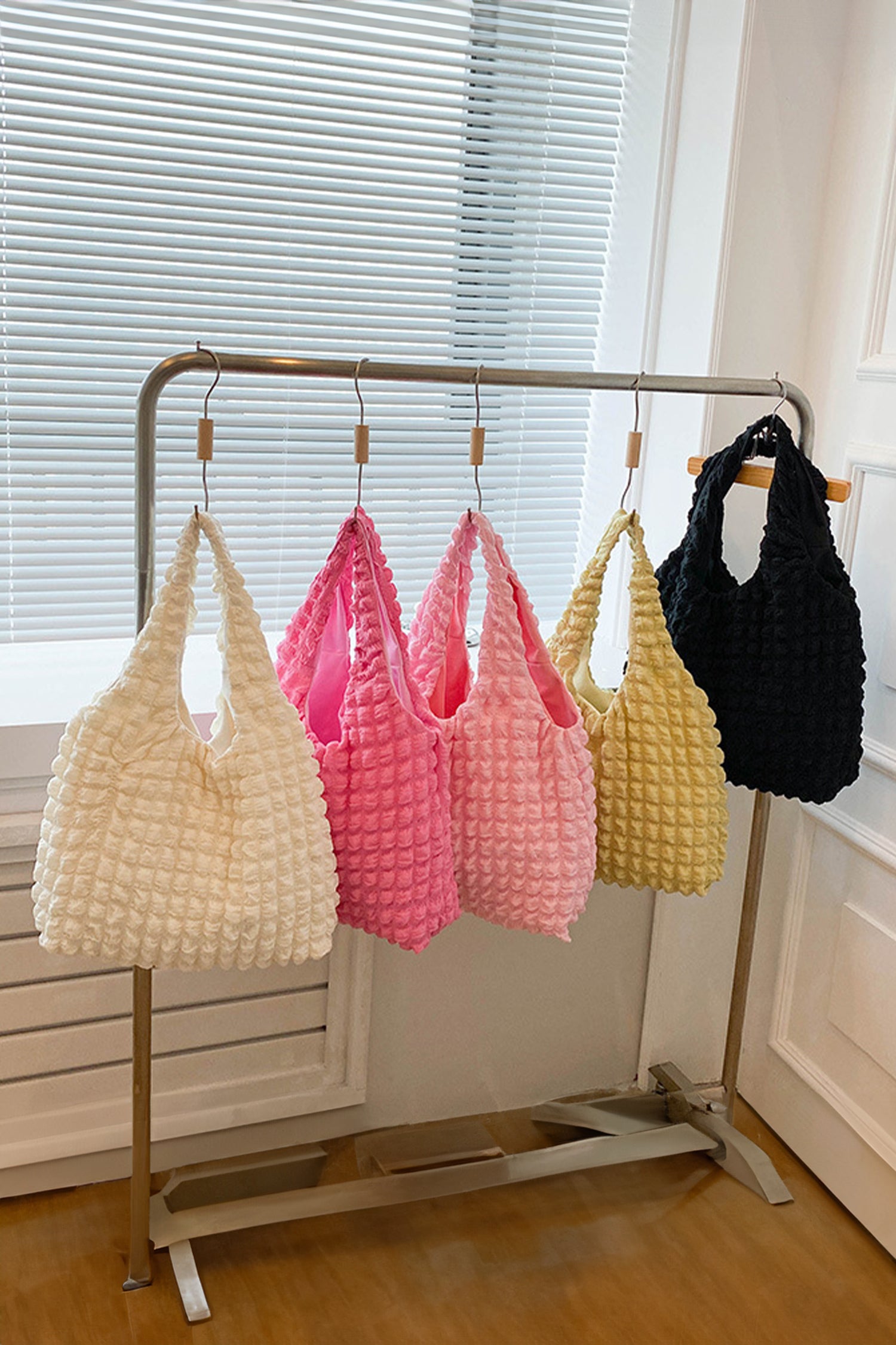 Black Solid Color Puffy Textured Tote Bag