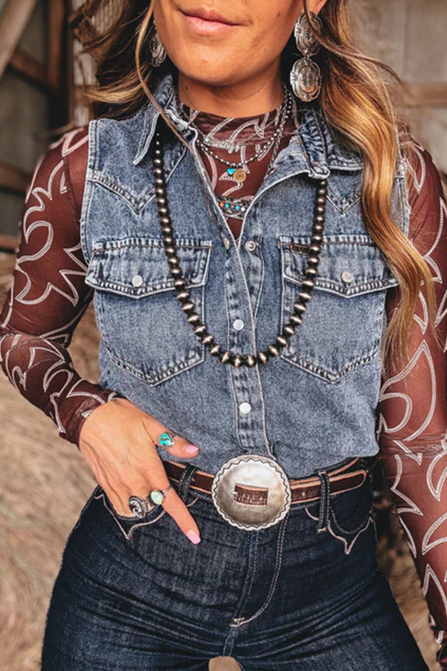Ashleigh Blue Solid Denim Button Front Pocket Sleeveless Cowboy Vest