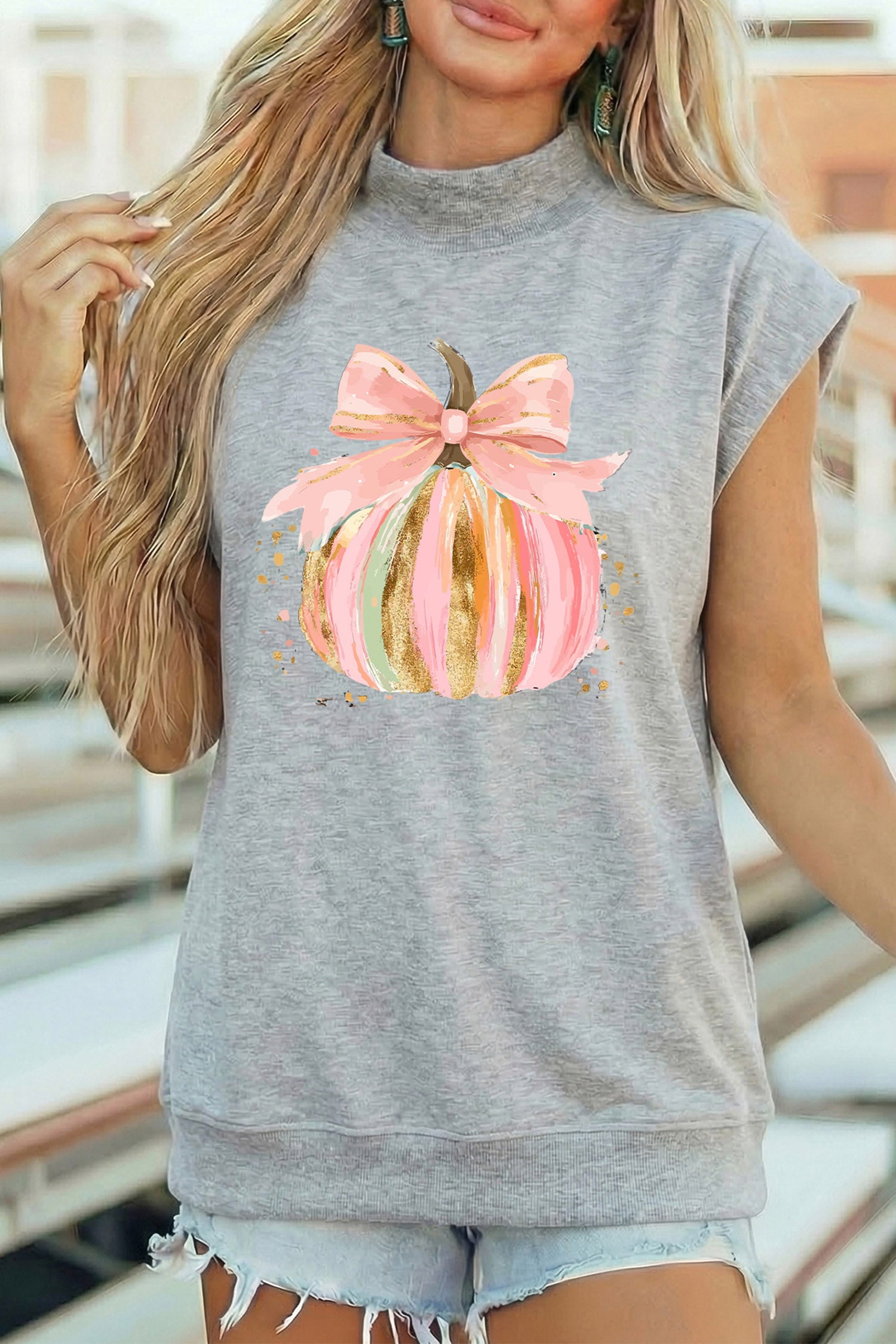 Light Grey Unique Pumpkin Bow Graphic High Neck Cap Sleeve Top
