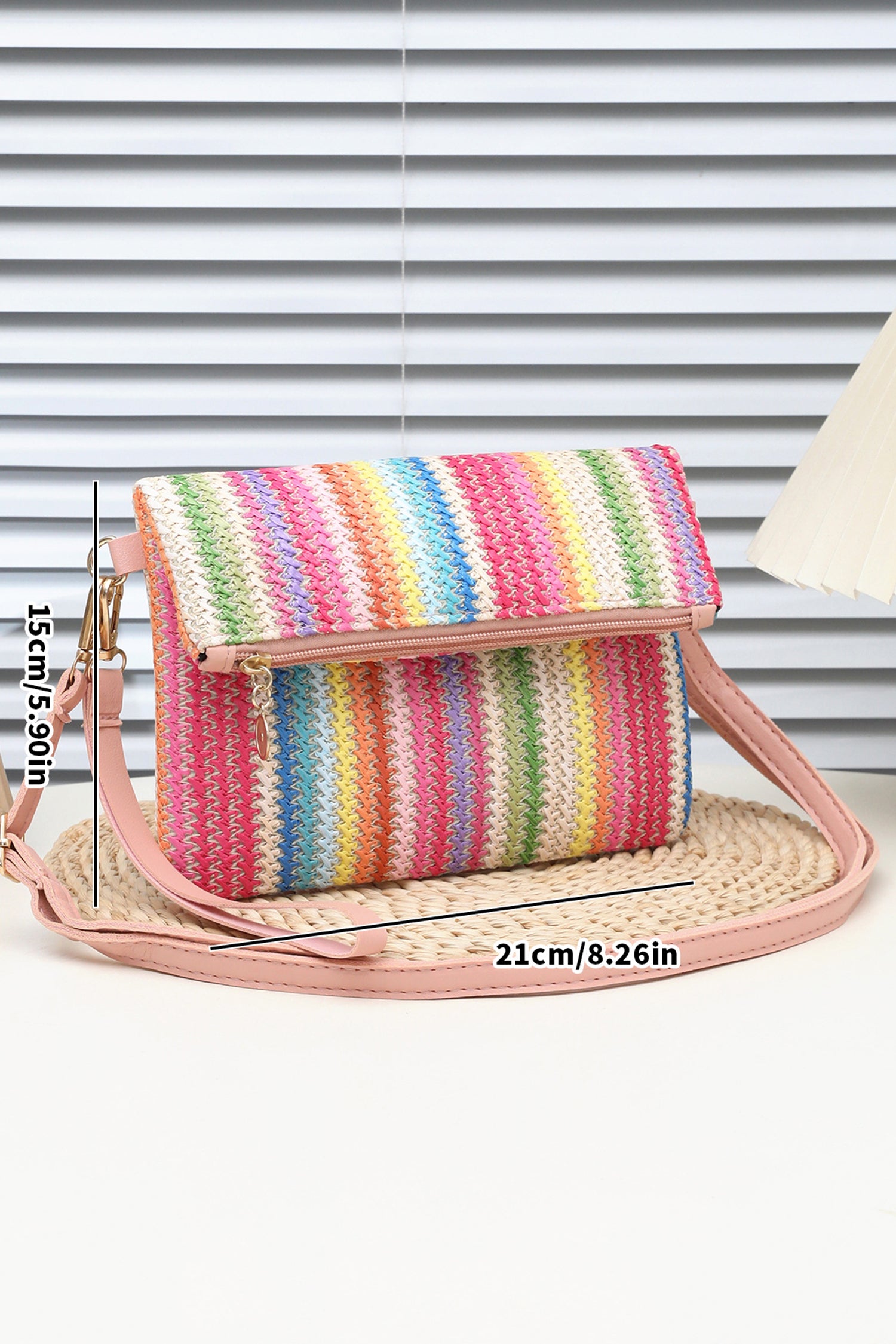 Pink Striped Straw Woven Zip Folded Magnetic Button Shoulder Bag