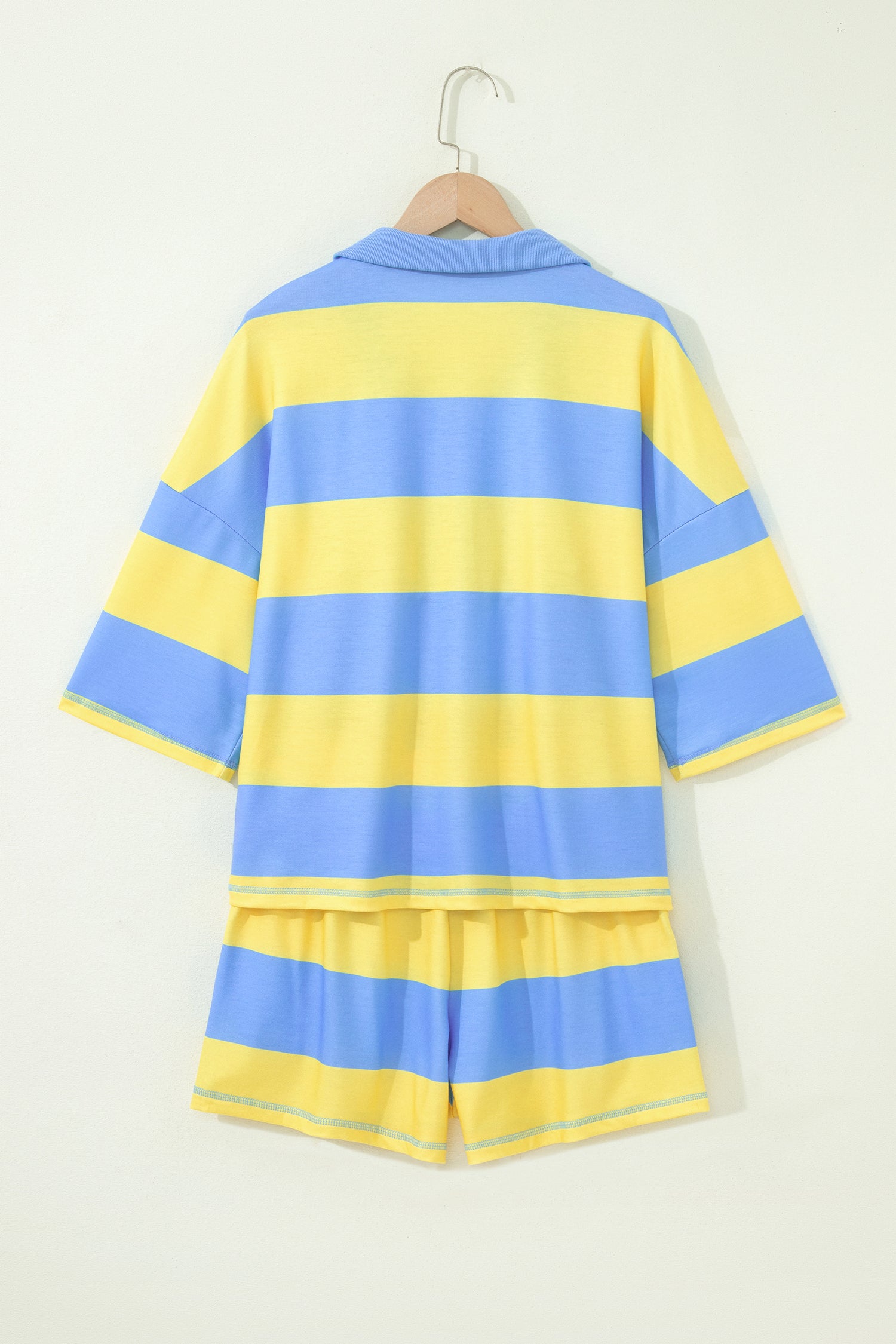 Yellow Stripe Seam Detail Half Zip Tee Casual Shorts 2pcs Set