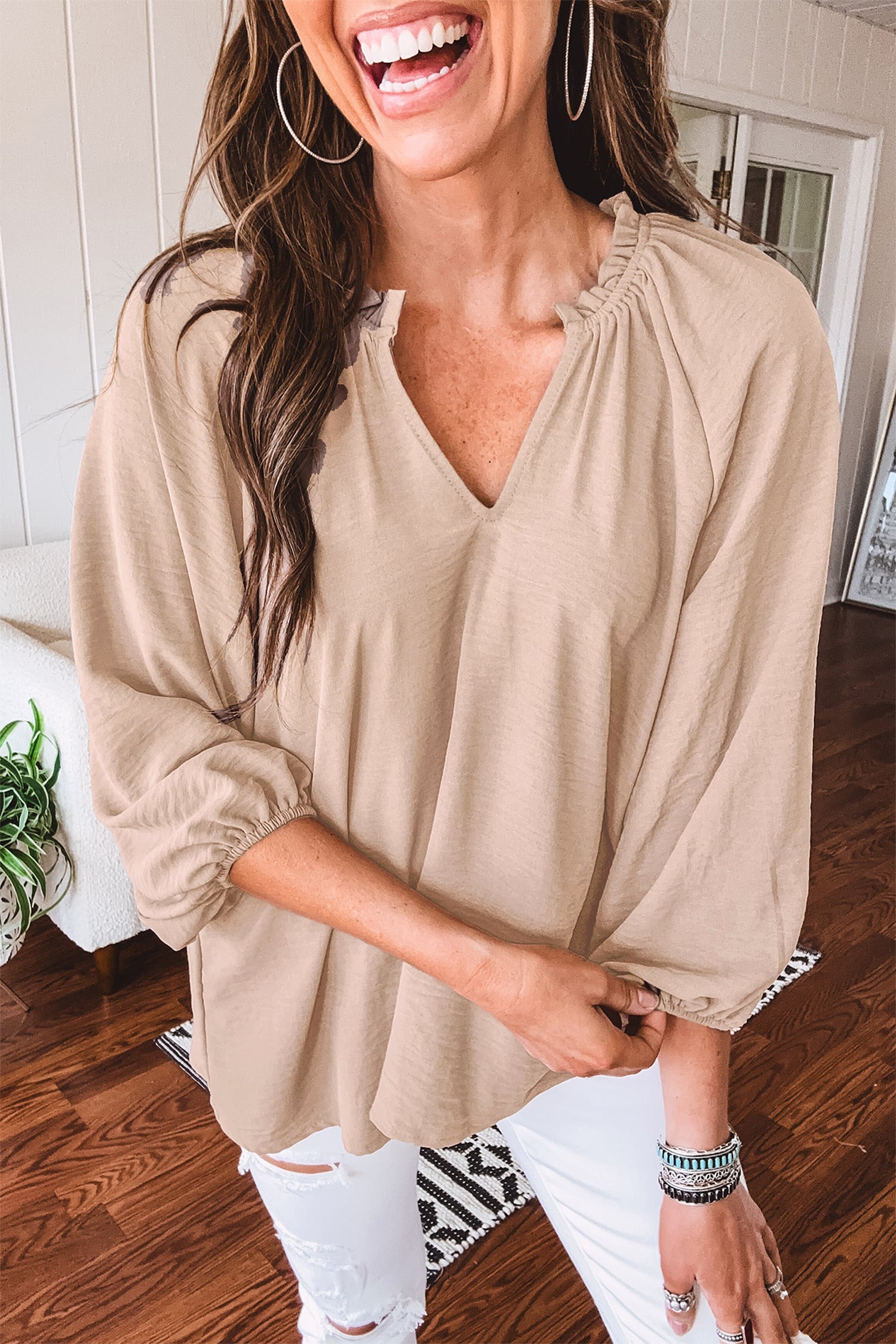 Parchment V Neck Gathered Cuff Three Quarter Sleeve Blouse