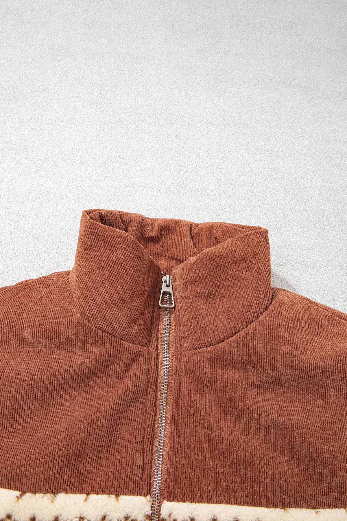 Brown Geometric Print Fleece Metal Zipper Collar Patchwork Design Vest