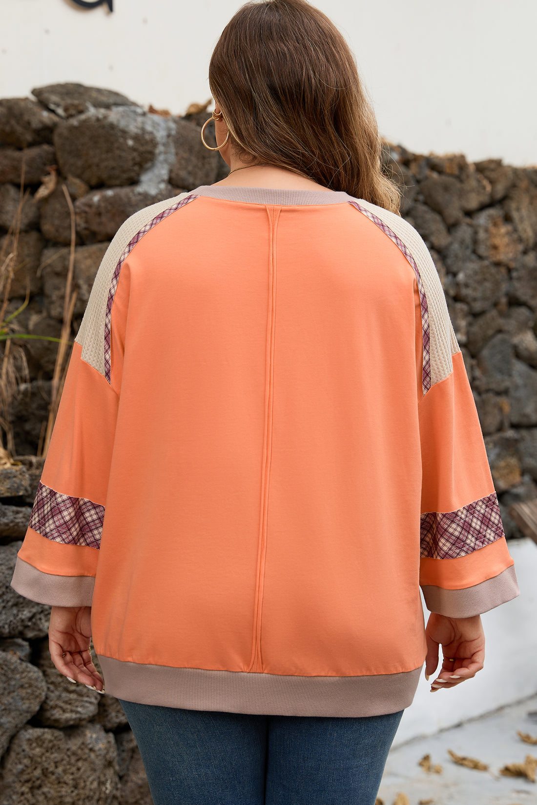 Grapefruit Orange Plaid Flower Waffle Patched Plus Size 3/4 Sleeve Top