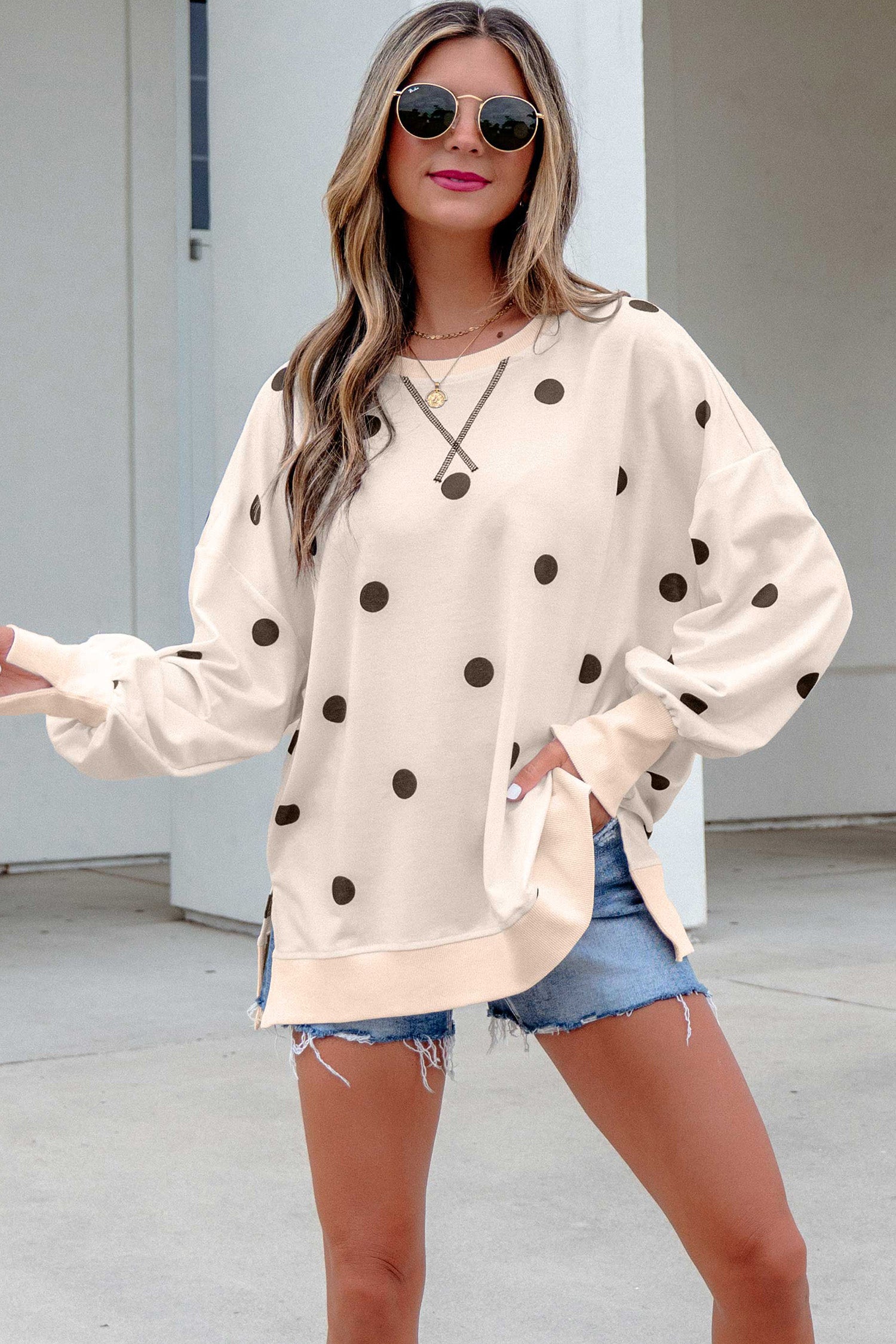 Beige Polka Dot Loose Long Sleeve Split Hem Pullover Top