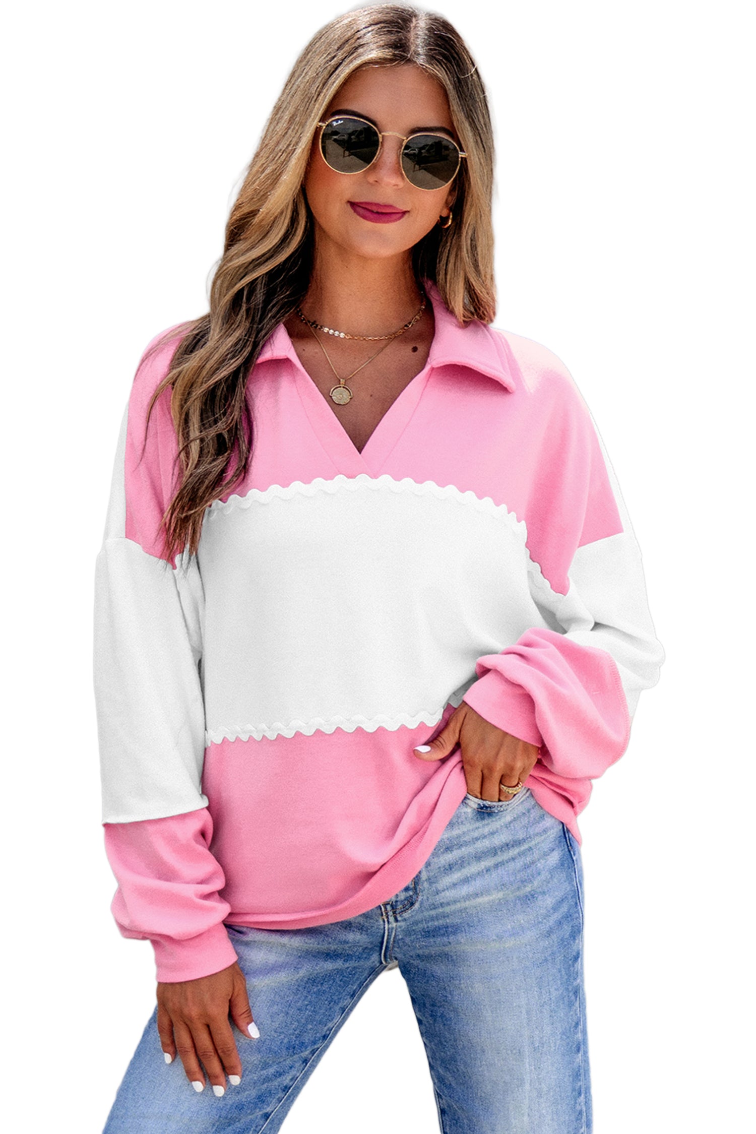 Rose Red Color Block Ricrac Trim Patchwork Collar V Neck Long Sleeve Top
