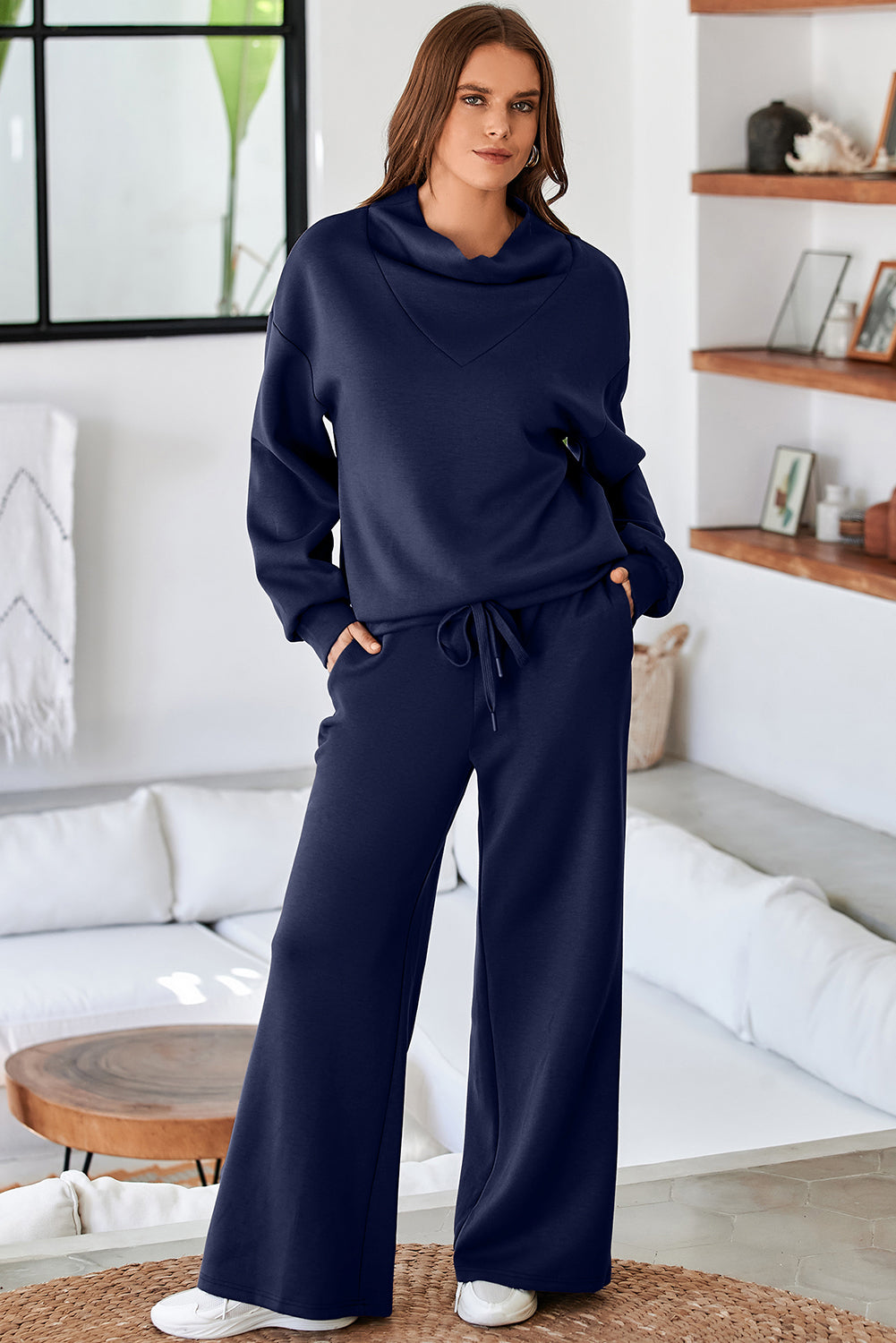 Navy Blue Solid Color Cowl Neck Drawstring Pullover Wide Leg Athleisure Pants Set
