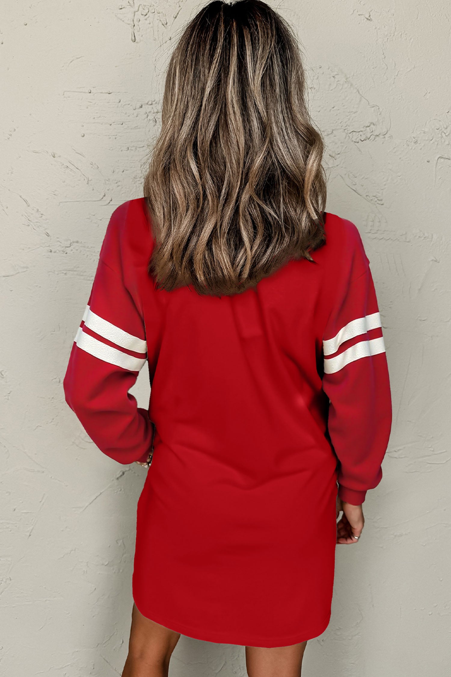 Fiery Red Varsity Striped Sleeve Sequin Rugby Pattern Sweatshirt Dress
