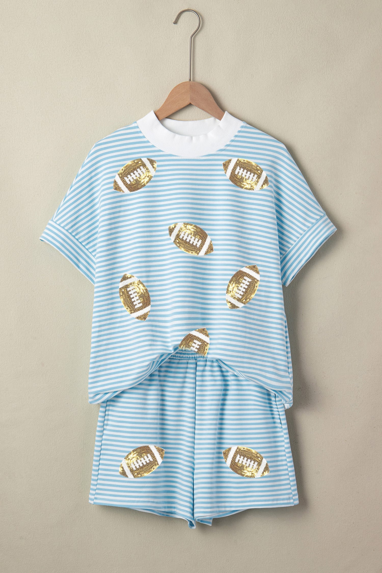 Sky Blue Stripe Sequined Rugby Patch Graphic High Neck Short Sleeve Top Casual Short Set