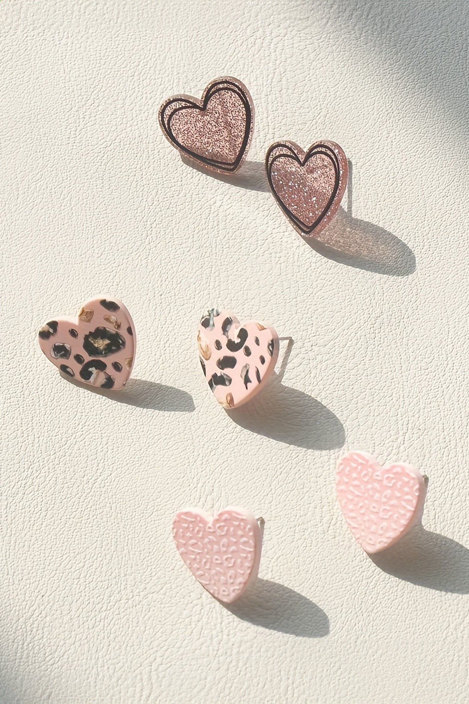 Light Pink Glitter Leopard Heart 3 Pairs Studded Earrings Set