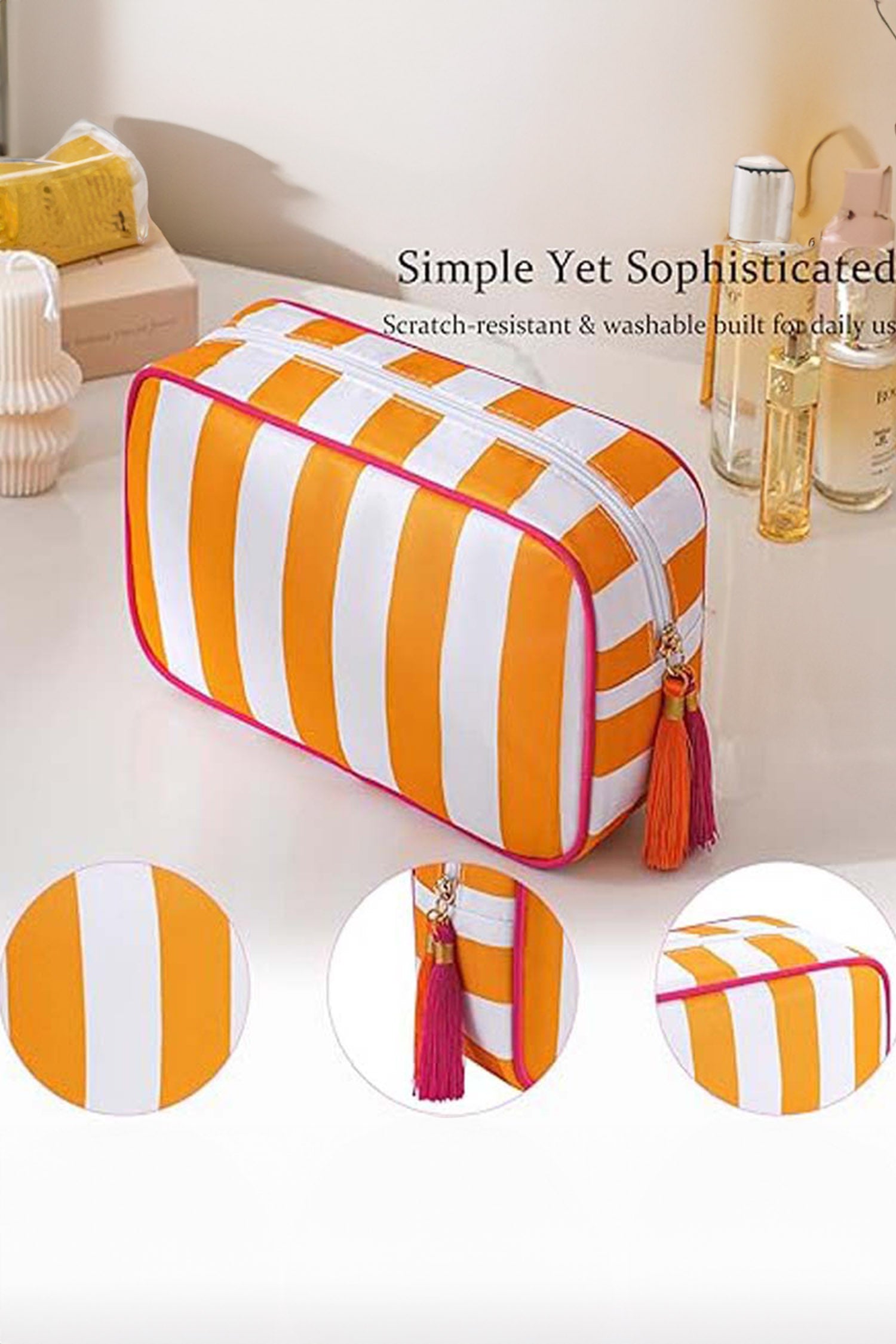 Russet Orange Striped Print Tassel Zipper PU Large Cosmetic Bag