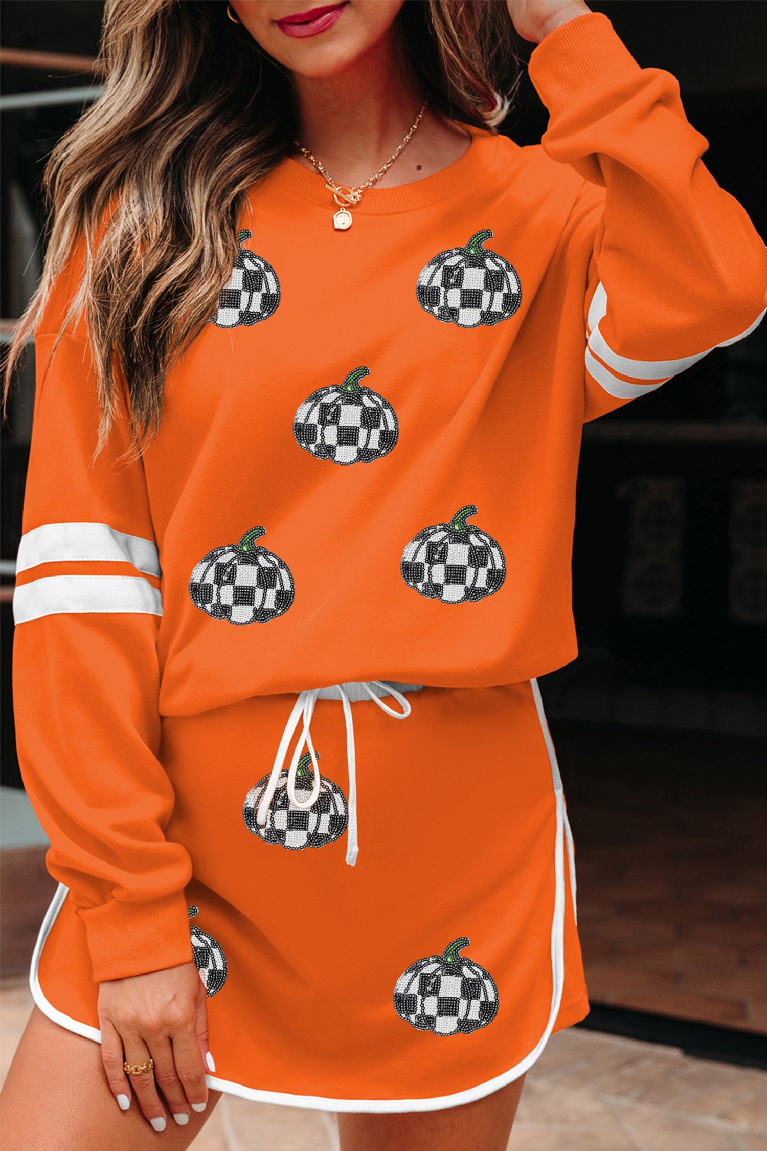 Orange Rhinestone Pumpkin Print Long Sleeve Shift Skirt Set