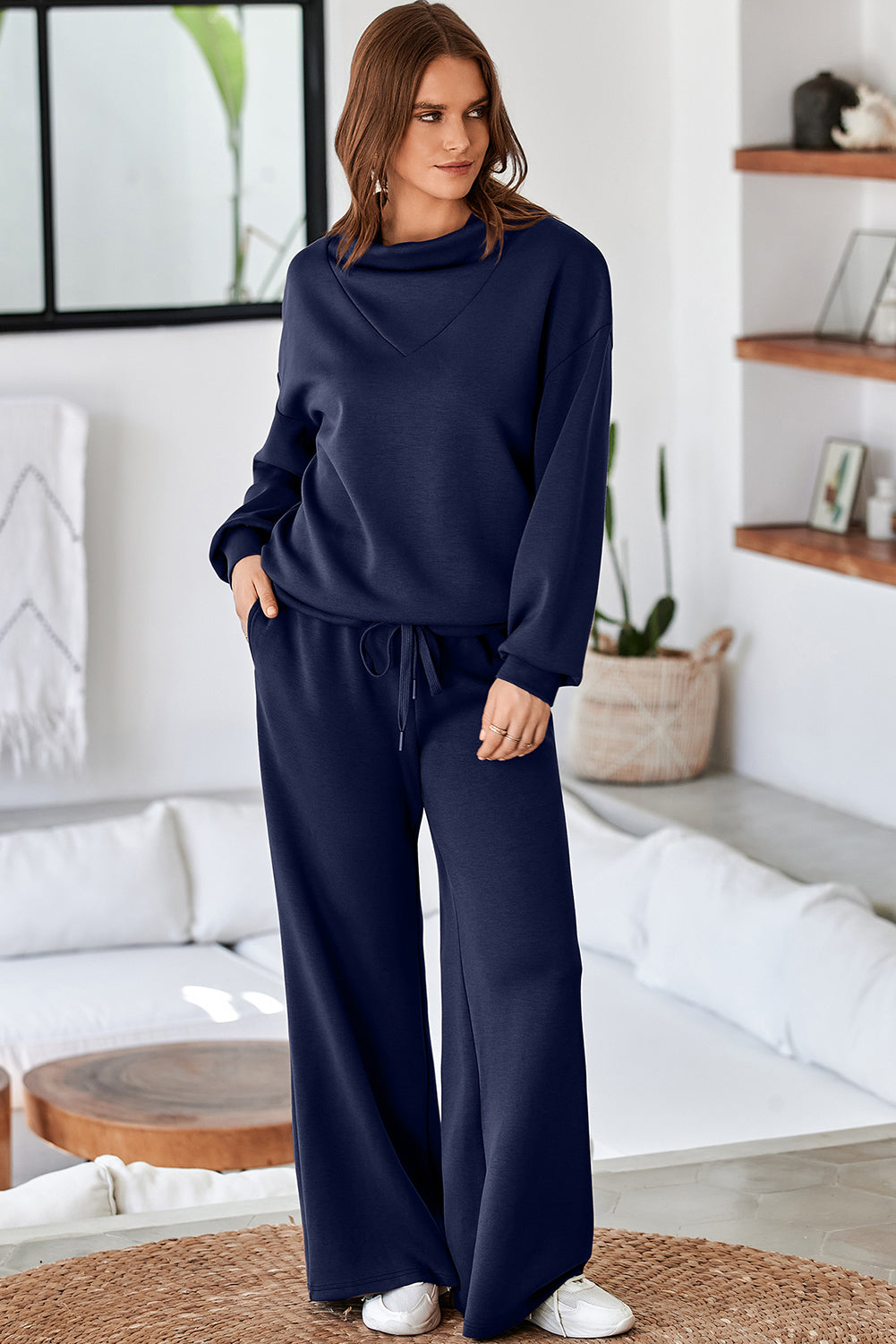 Navy Blue Solid Color Cowl Neck Drawstring Pullover Wide Leg Athleisure Pants Set