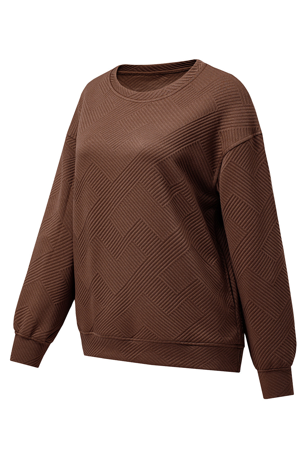 Coffee Solid Color Textured Round Neck Drop Shoulder Pullover Sweatshirt