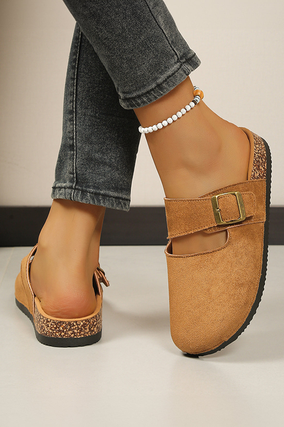 Camel Faux Suede Retro Buckle Clog Slippers