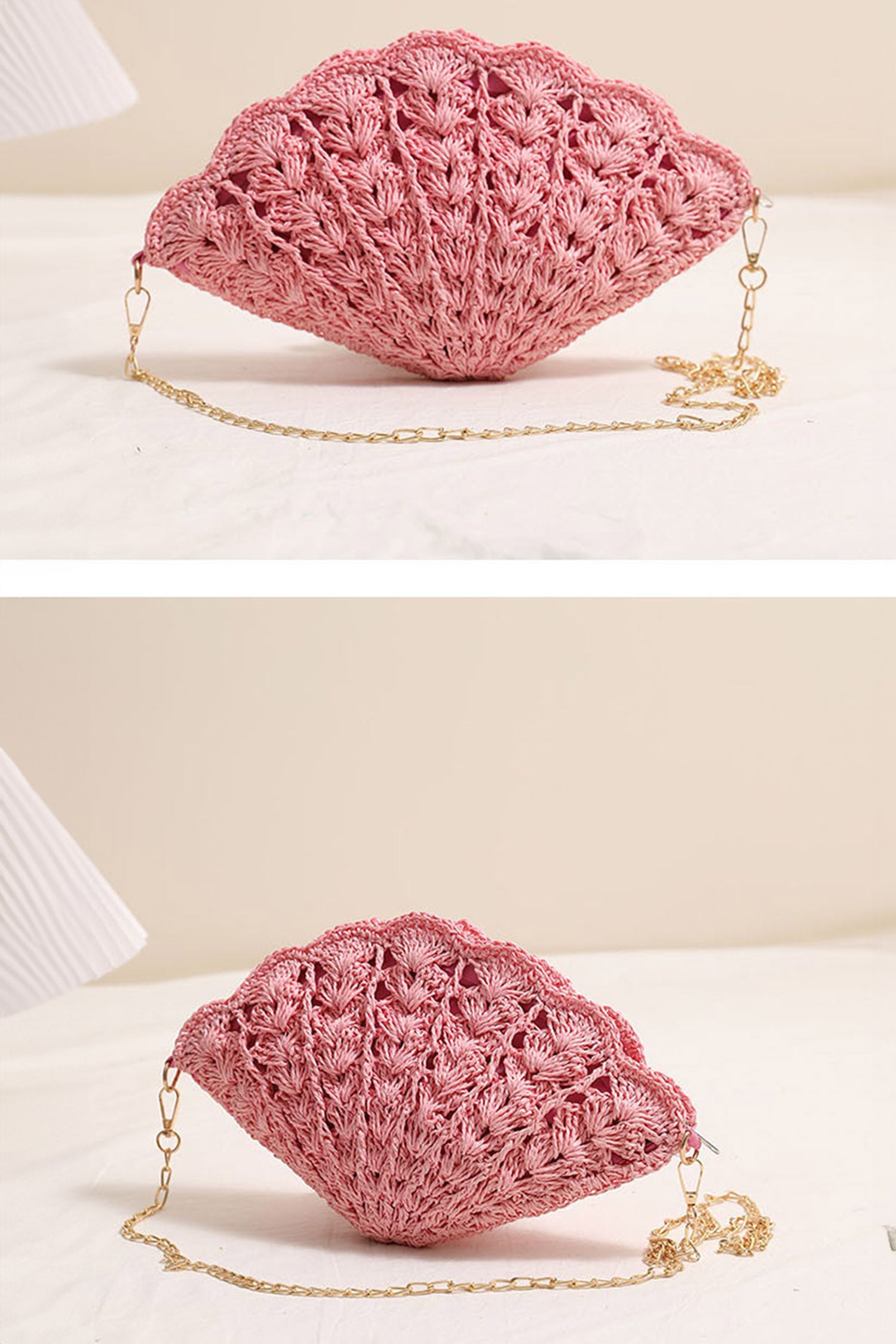 Pink Crochet Straw Beach Vacation Shell Shape Chain Strap Bag