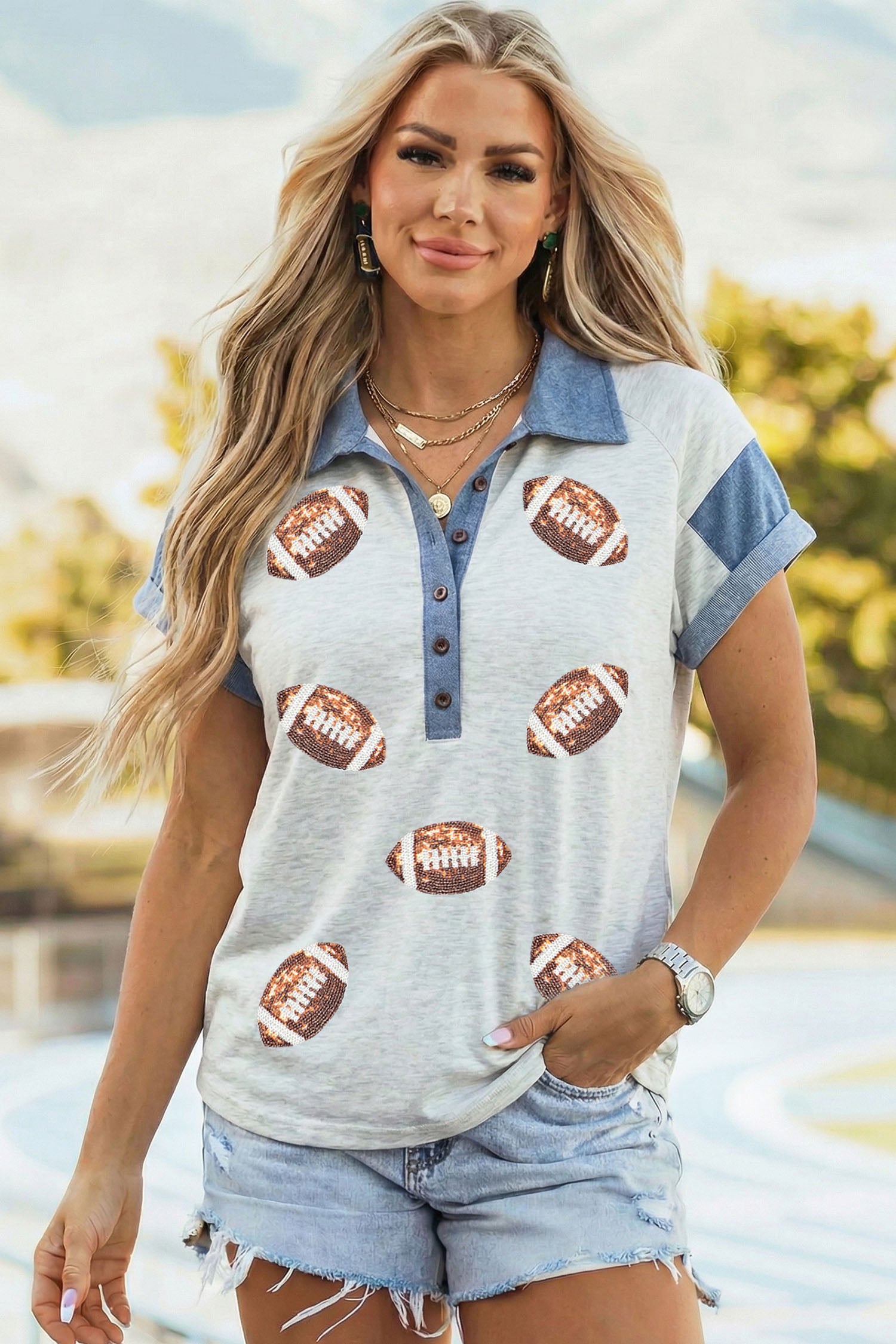 Light Grey Short Sleeve Sequin Rugby Pattern Colorblock Collar Polo T-Shirt