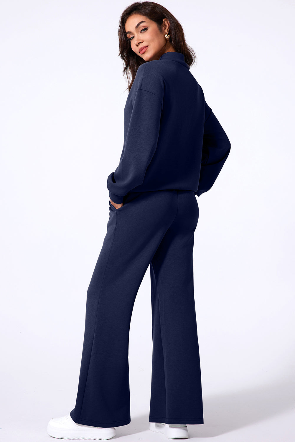 Navy Blue Solid Color Cowl Neck Drawstring Pullover Wide Leg Athleisure Pants Set