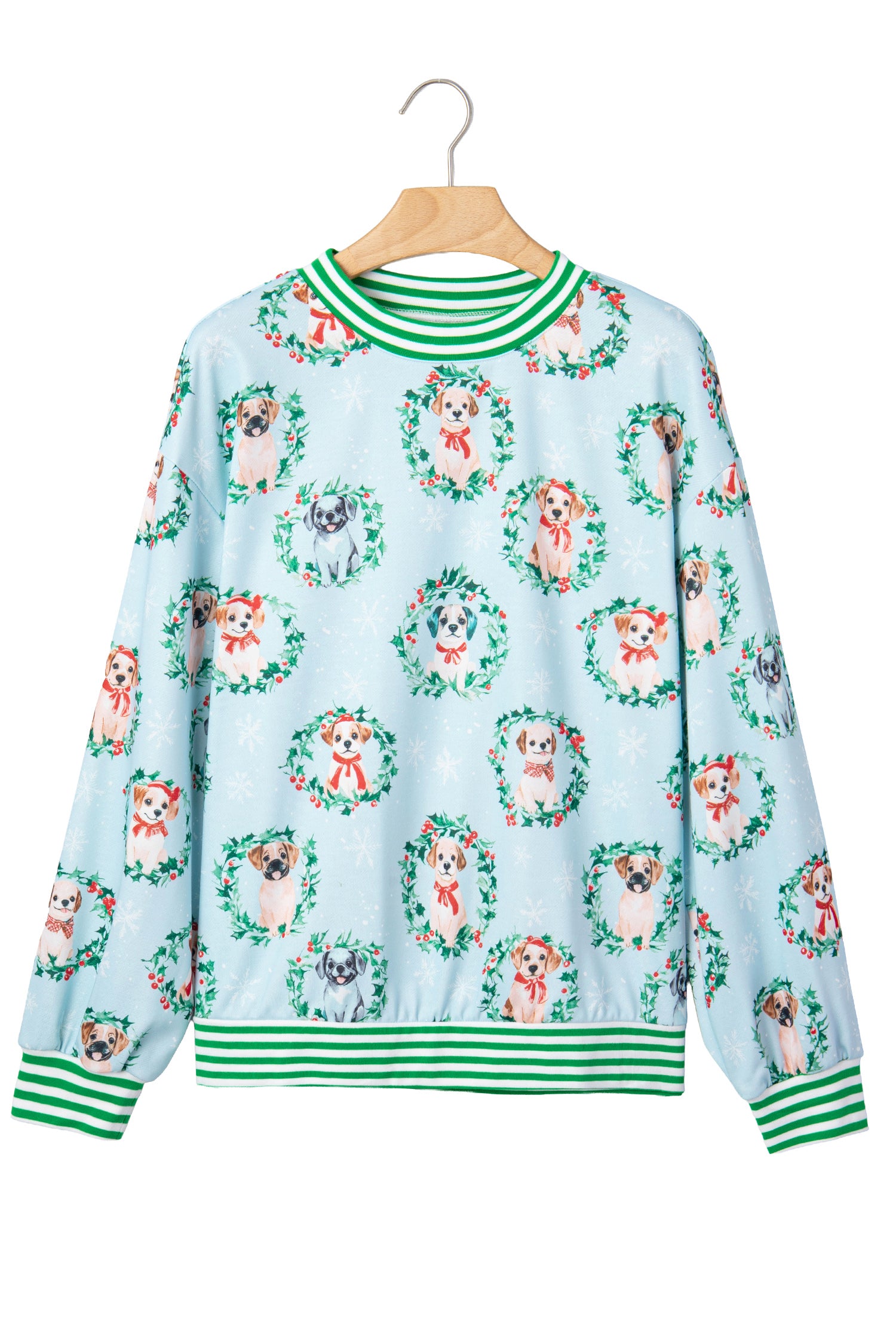 Sky Blue Abstract Dog Print Ribbed Cuff Round Neck Long Sleeve Sweatshirt