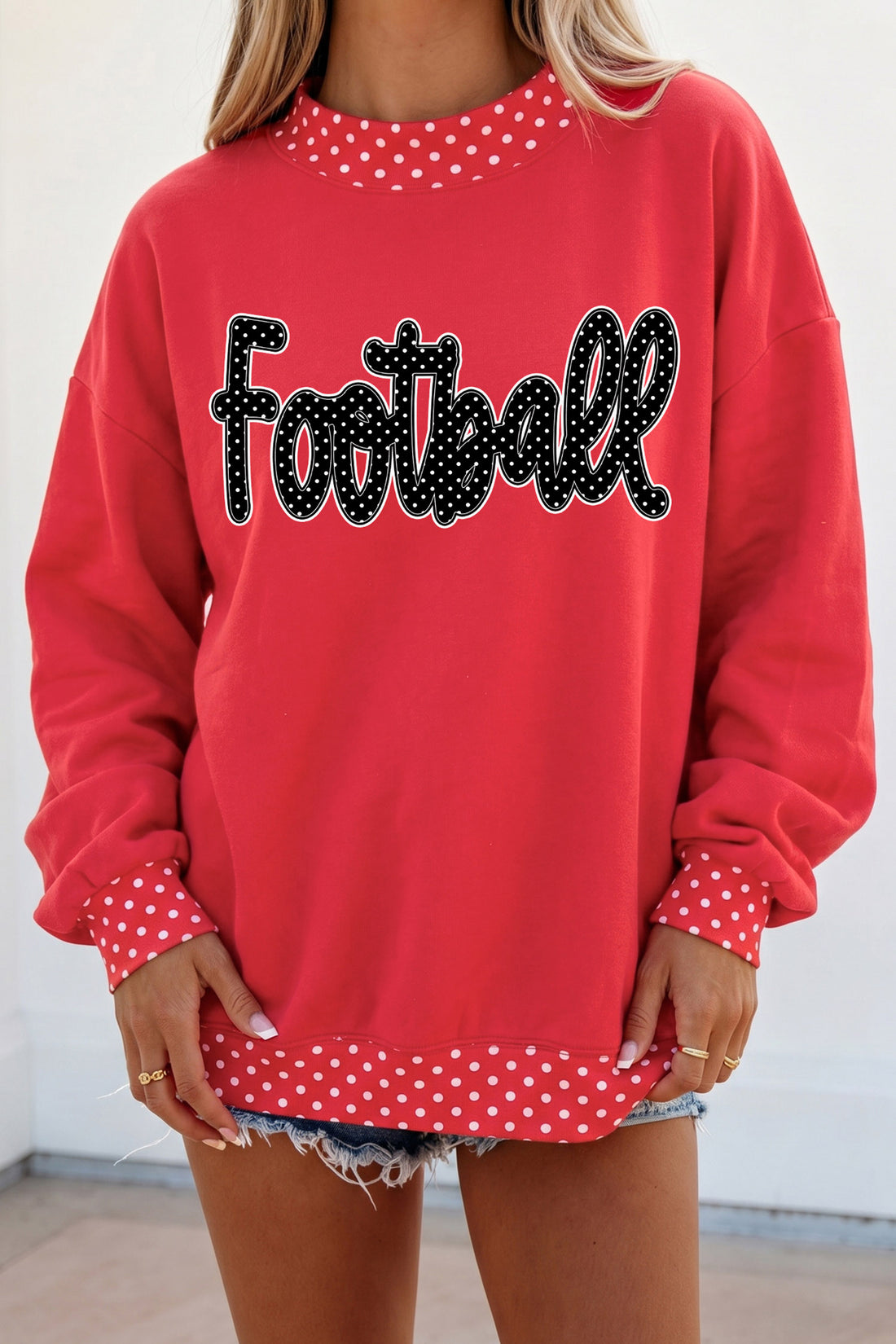 Red Polka Dot Trim Mock Neck Football Letter Graphic Baggy Sweatshirt