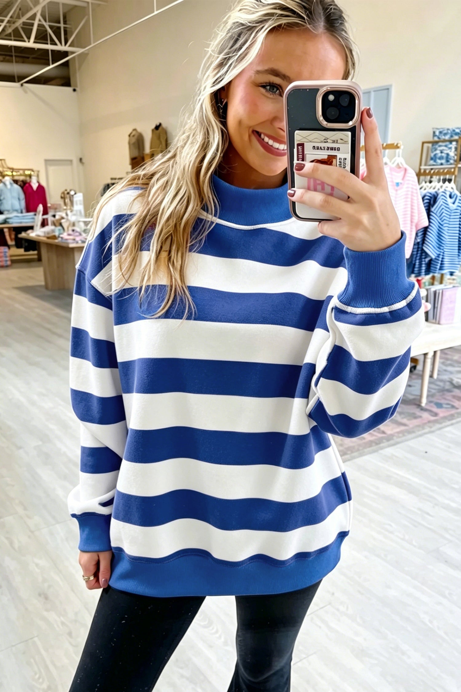 Blue Stripe Colorblock Mock Neck Relaxed Sweatshirt