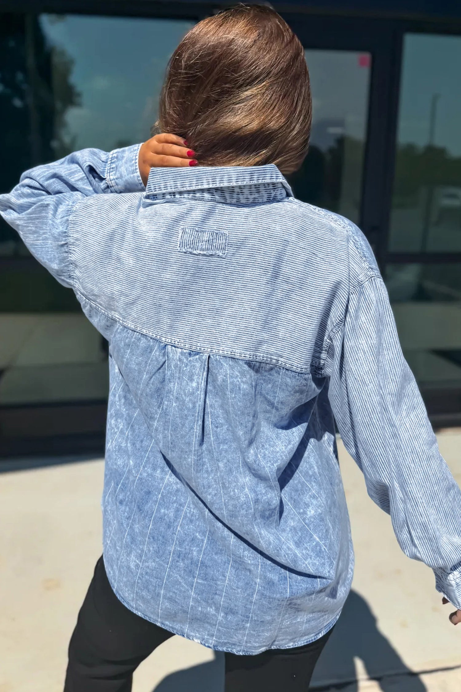 Sky Blue Stripe Vintage Washed Denim Color Block Long Sleeve Shirt