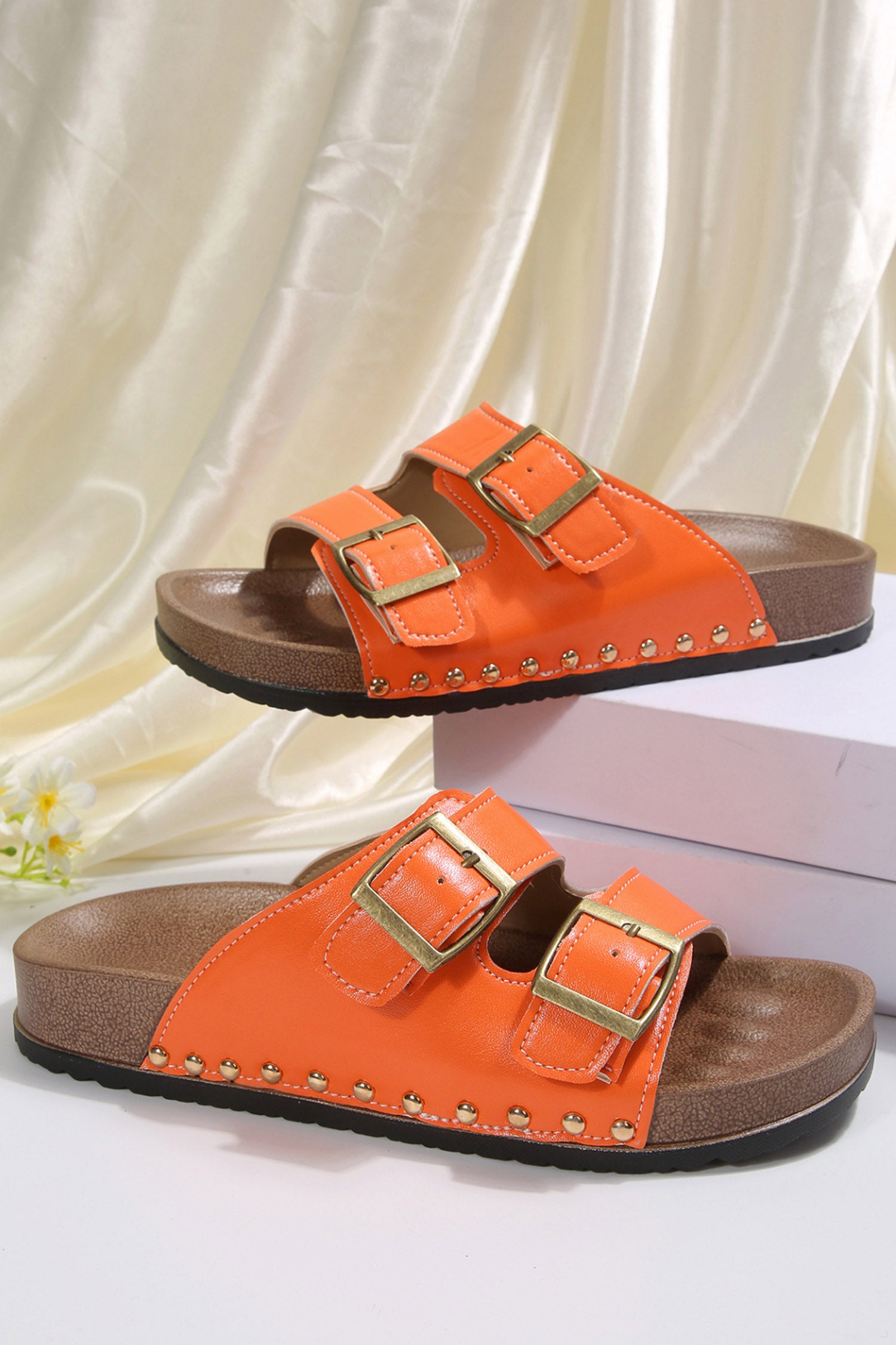 Orange Retro Buckle Cutout Straps PU Leather Studded Slippers