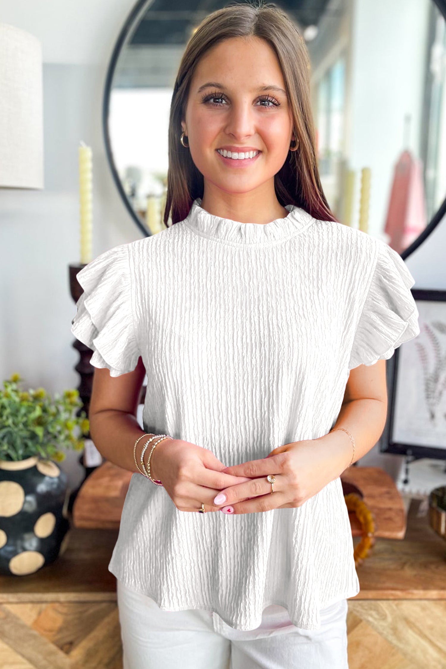 White Solid Color Textured Ruffle Trim Short Sleeve Blouse