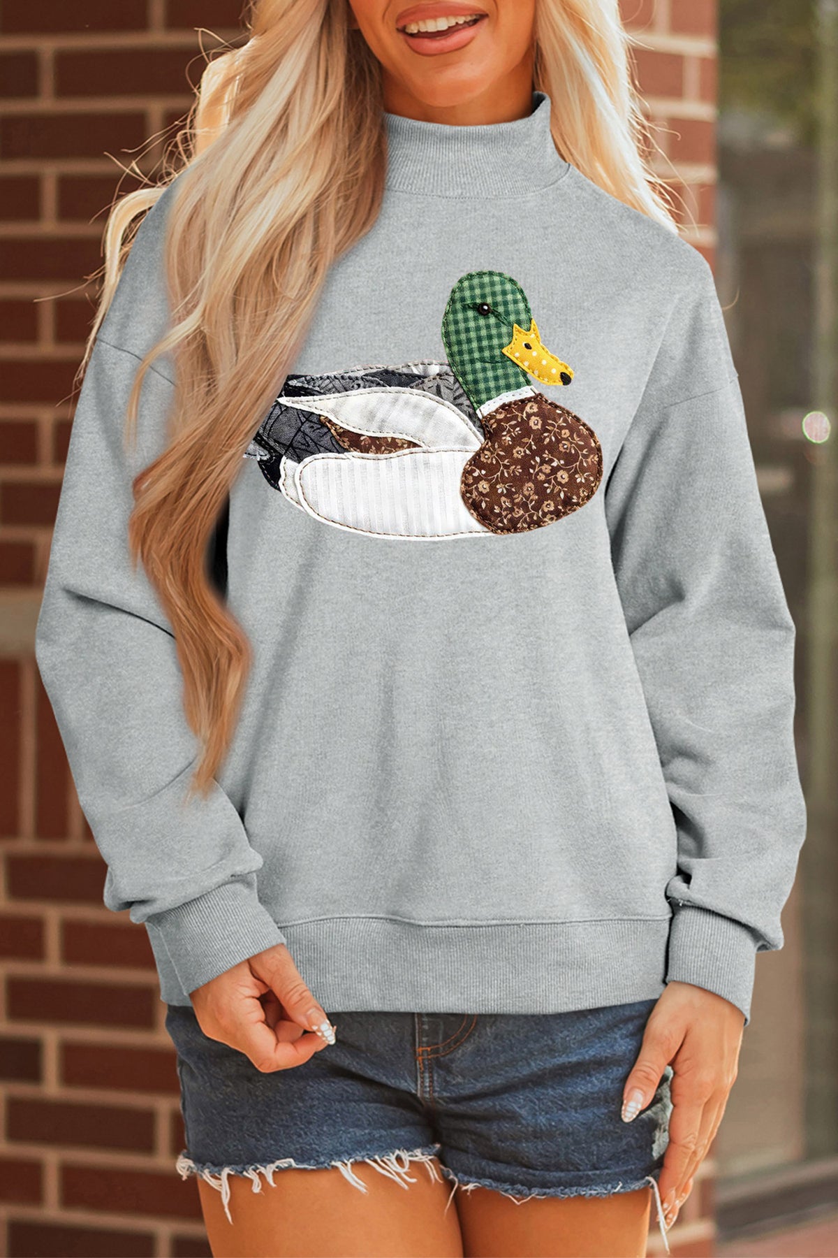 Gray Mallard Patchwork Mock Neck Pullover Sweatshirt