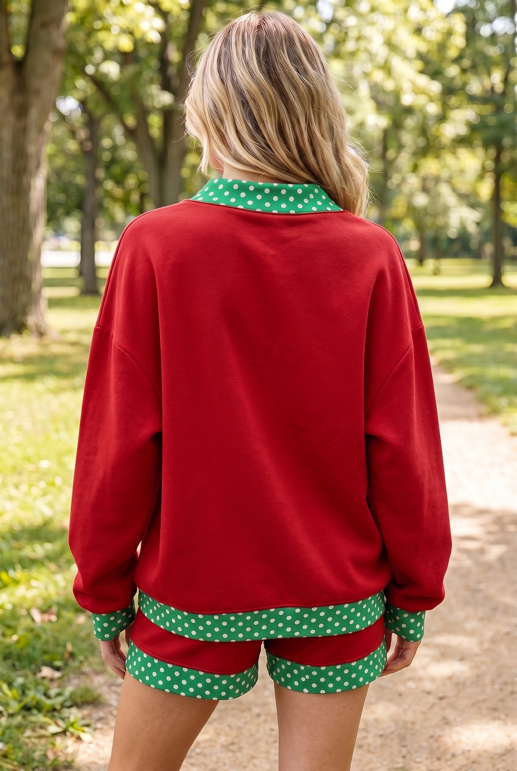 Racing Red Polka Dot Trim Baggy Pullover 2pcs Short Set