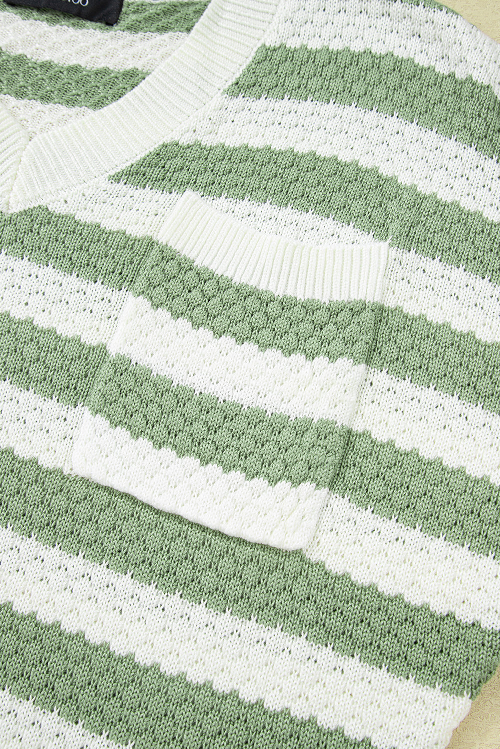 Green Stripe V Neck Short Sleeve Sweater with Side Slits