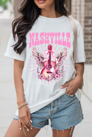 White NASHVILLE Guitar Graphic Music Festival T Shirt