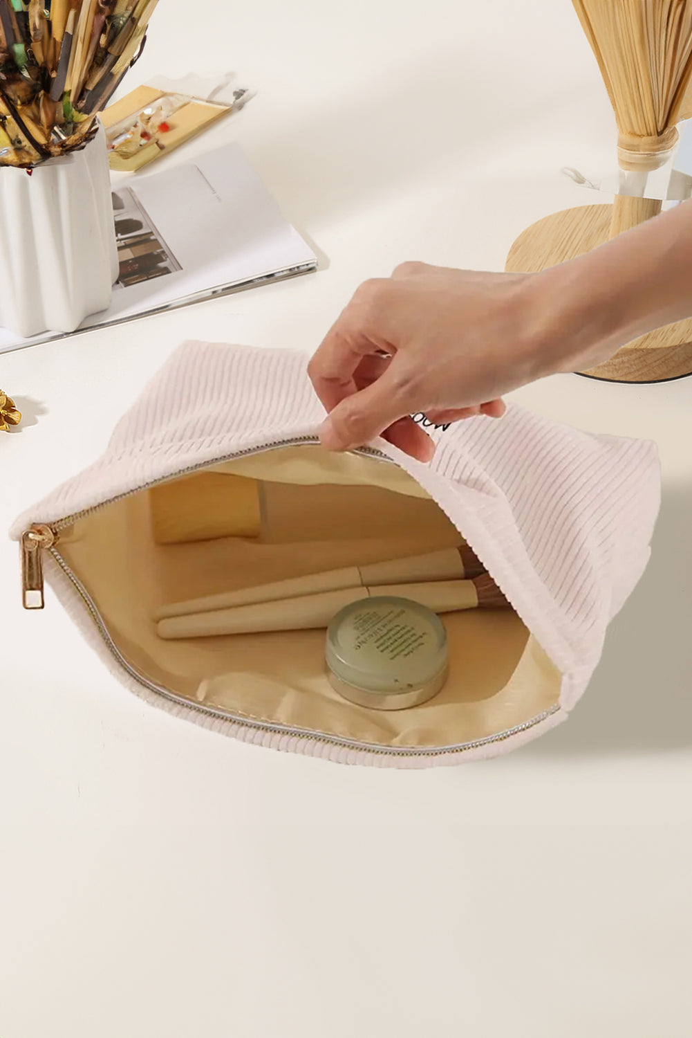 White Easter Rabbit Print Corduroy Makeup Storage Bag