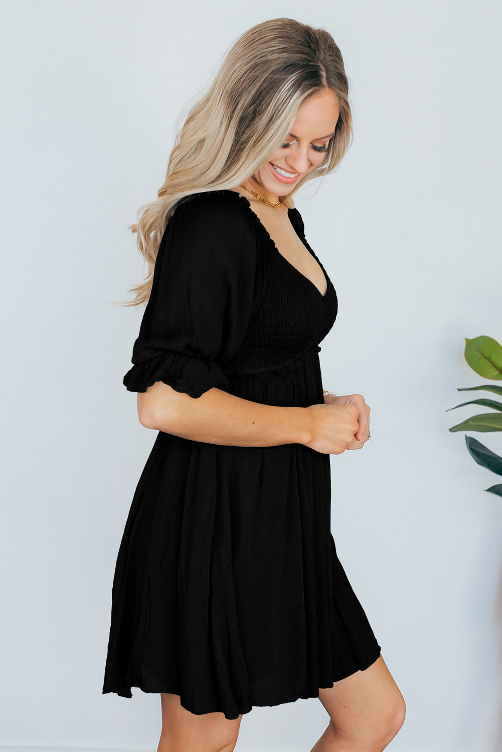 Black Short Sleeve Shirred Waist V-Neck Textured Mini Dress
