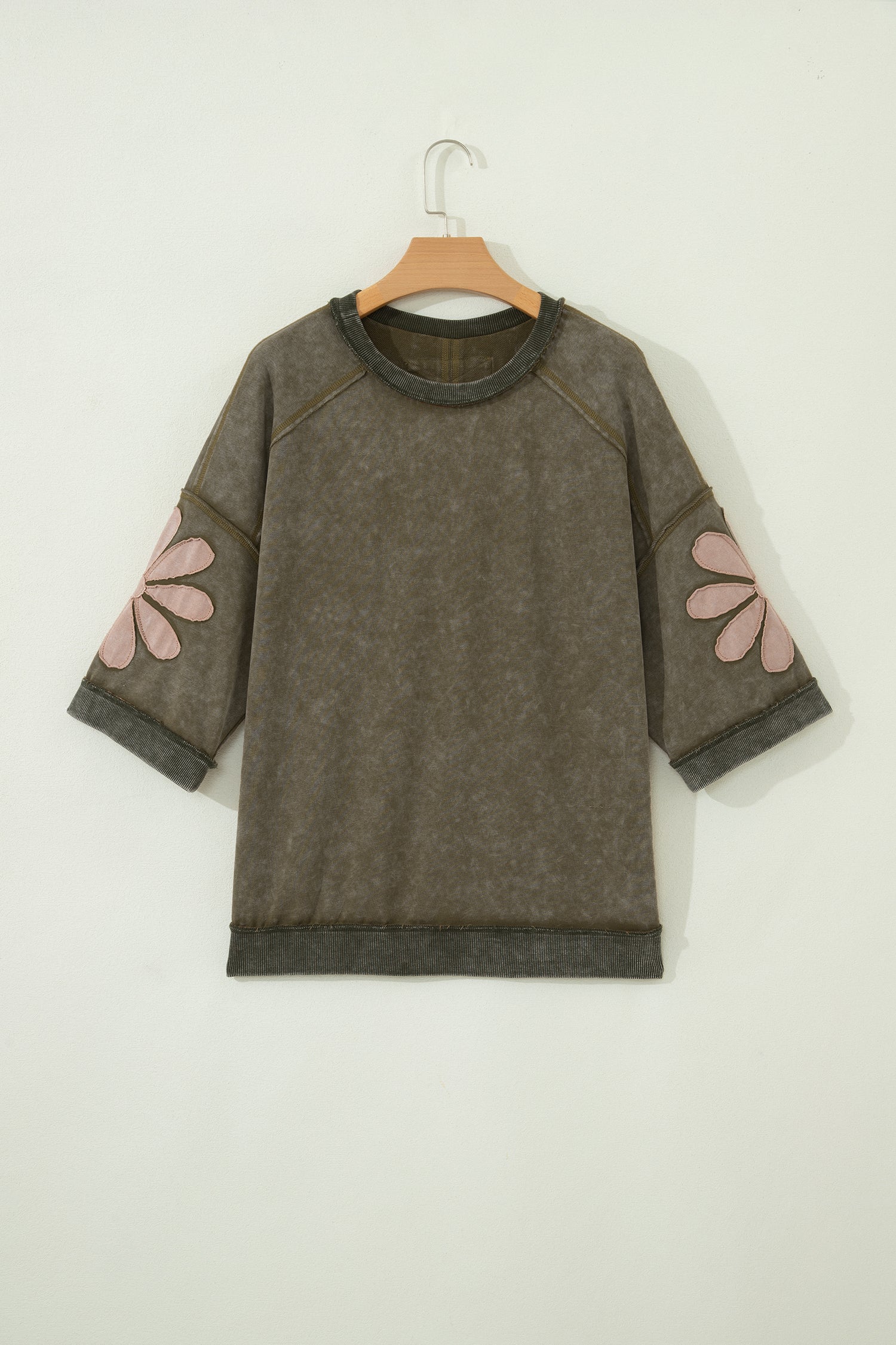 Breen Mineral Wash Raw Seam Patchwork Flower Patched 3/4 Sleeve Oversize Top