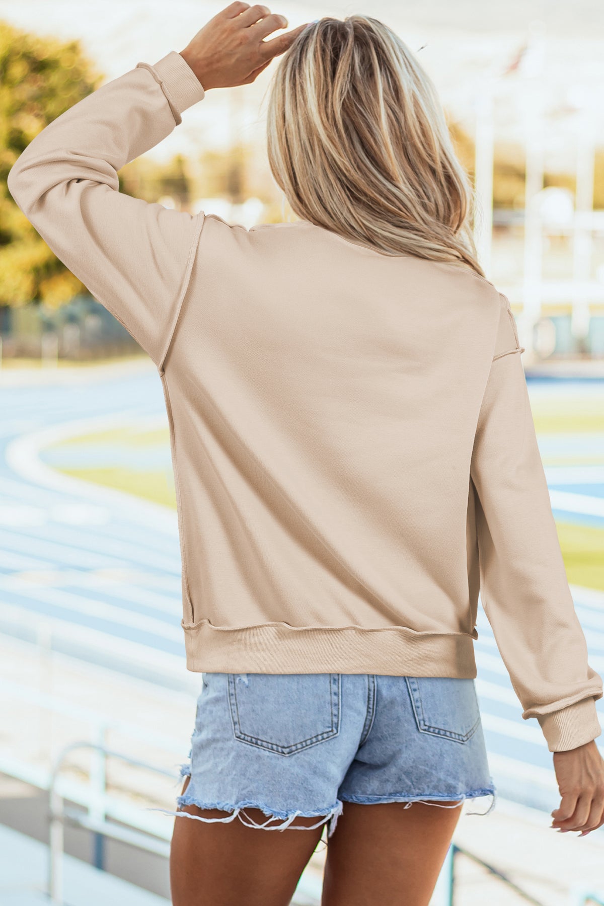 Apricot Sequin Thankful Graphic Exposed Seam Mock Neck Turkey Sleeve Pullover Sweatshirt