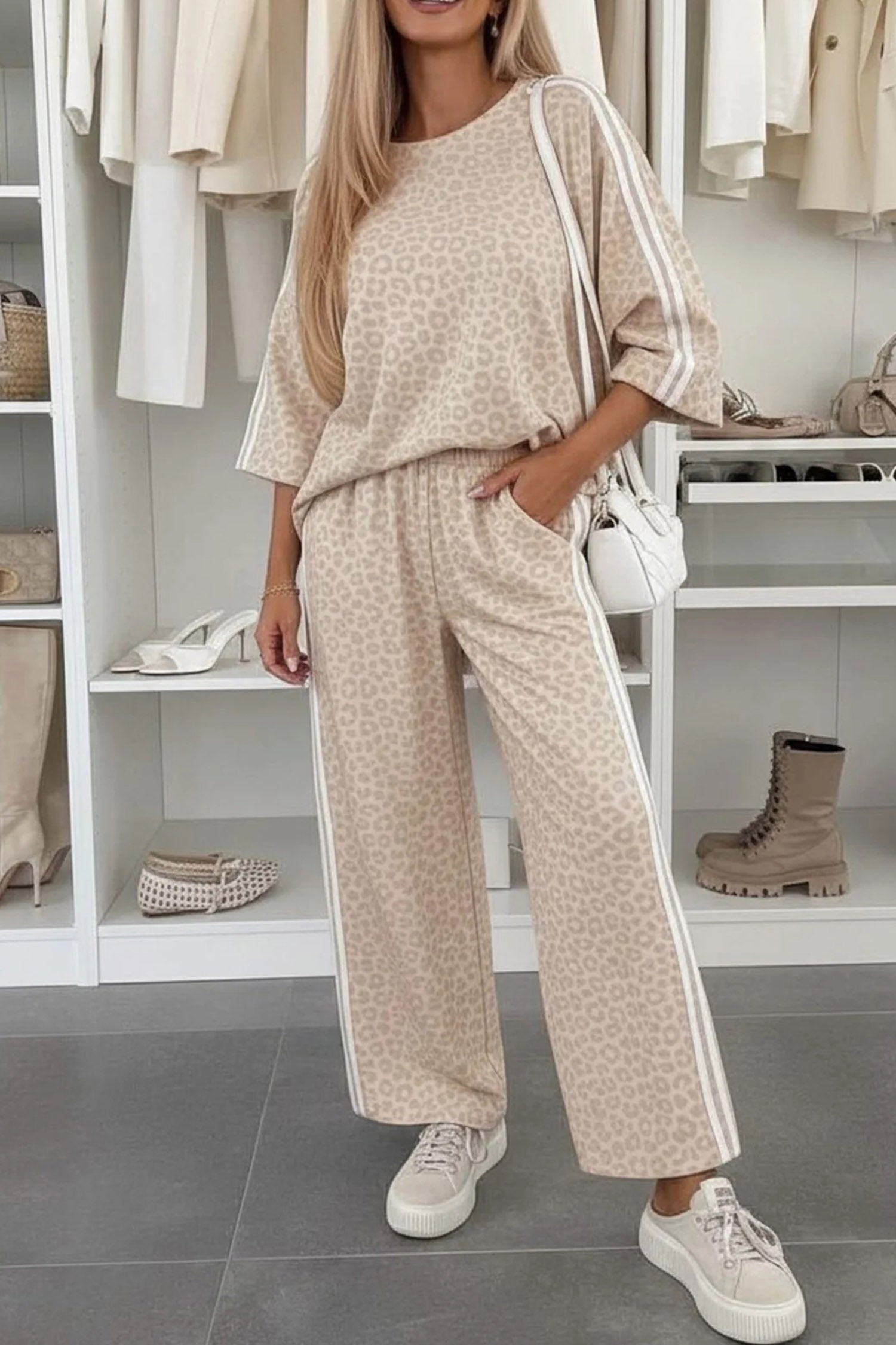 Apricot Leopard Print Varsity Striped Detail 3/4 Sleeve Top Shift Pant Set