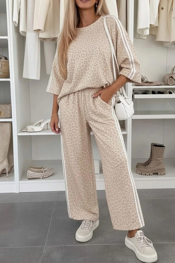 Apricot Leopard Print Varsity Striped Detail 3/4 Sleeve Top Shift Pant Set