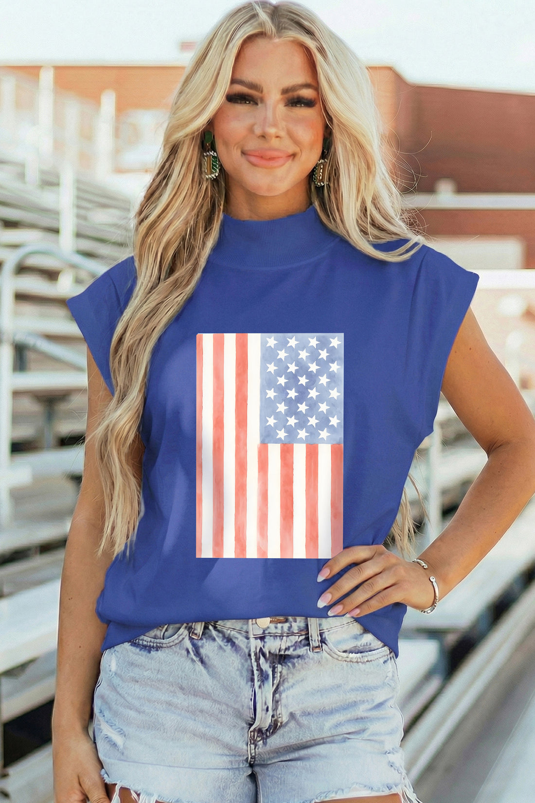 Sky Blue Retro American Flag Printed Mock Neck Tee
