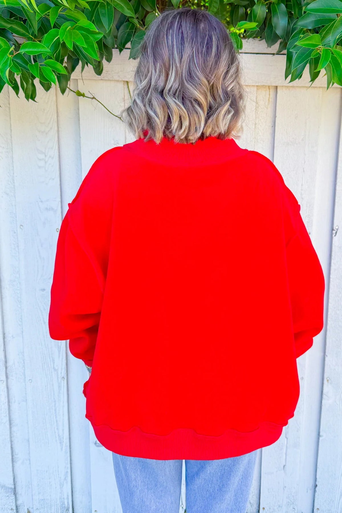 Fiery Red Embroidered Merry Slogan Stand Neck Long Sleeve Shift Sweatshirt