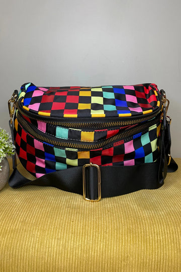 Color black Pretty Checkerboard Canvas Double Zip Crossbody Bag
