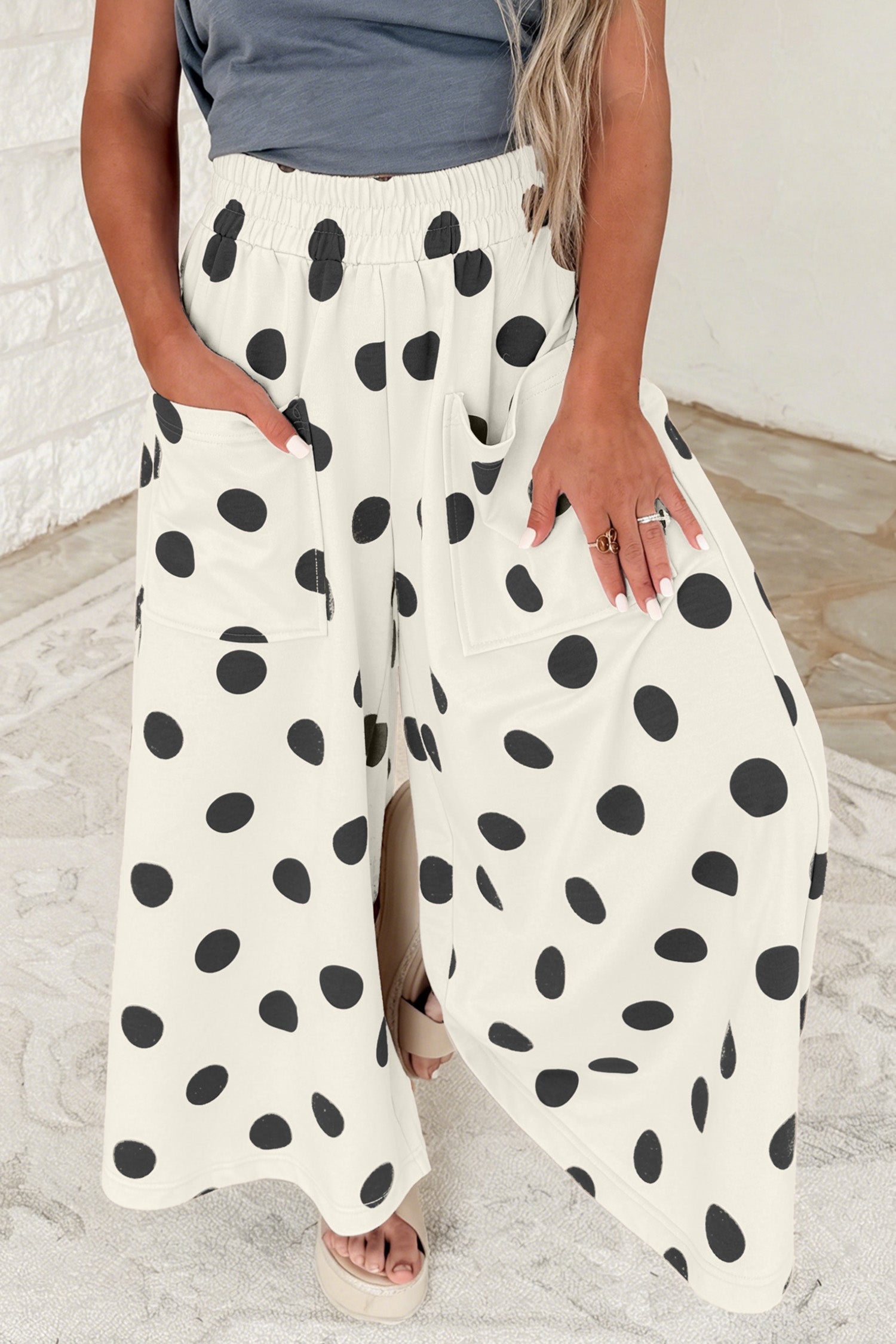 Beige Polka Dot Wide Leg Elastic Waist Casual Pants