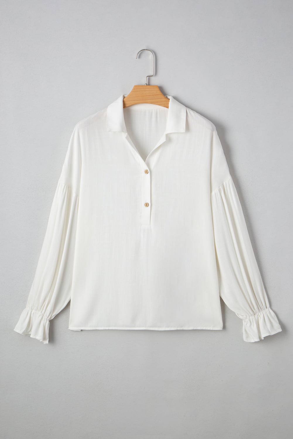 White Ruffle Elastic Cuffs Puffy Long Sleeve Button Down Shirt