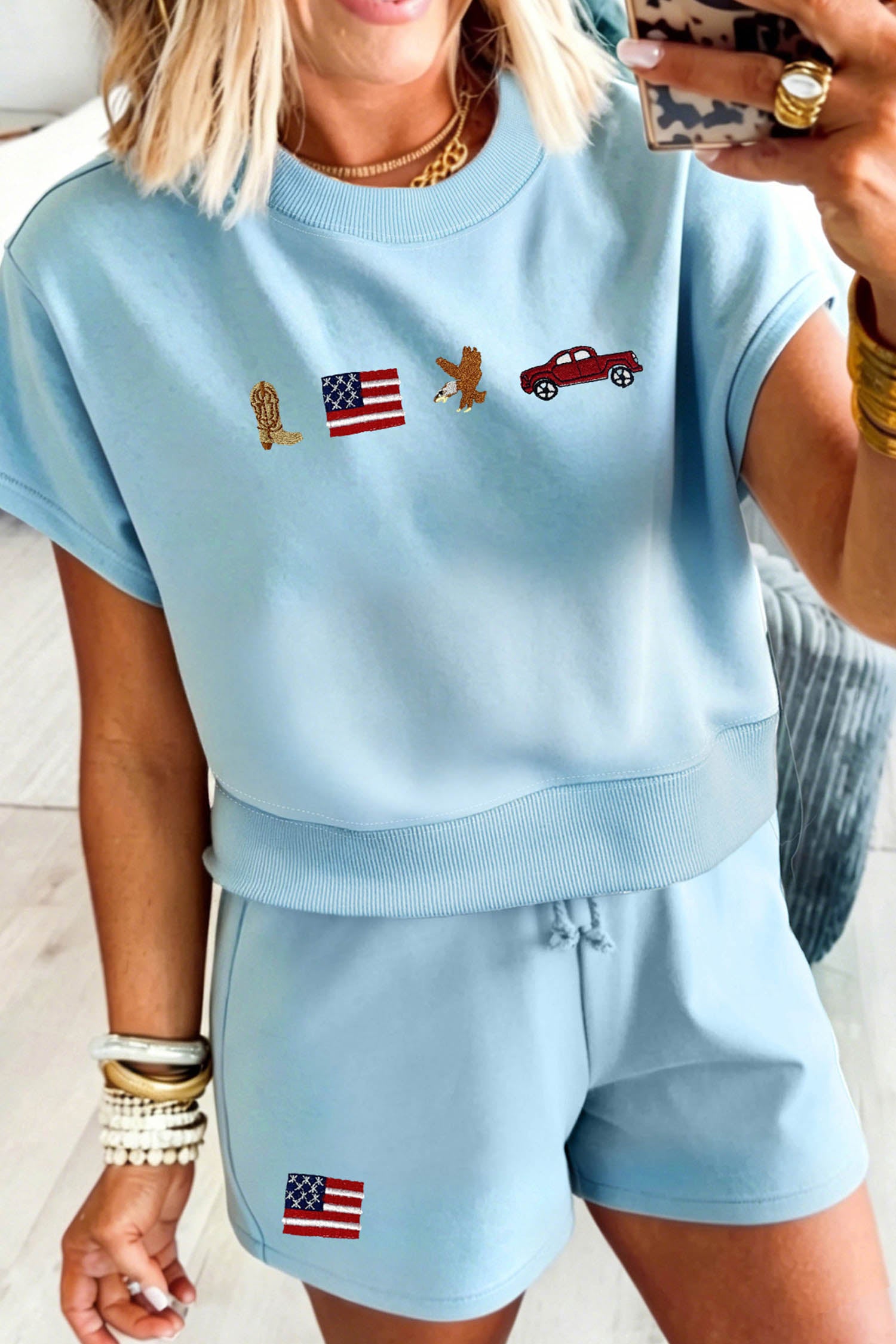 Mist Blue Western Patriotic Embroidered Flag Pattern Casual Two Piece Set
