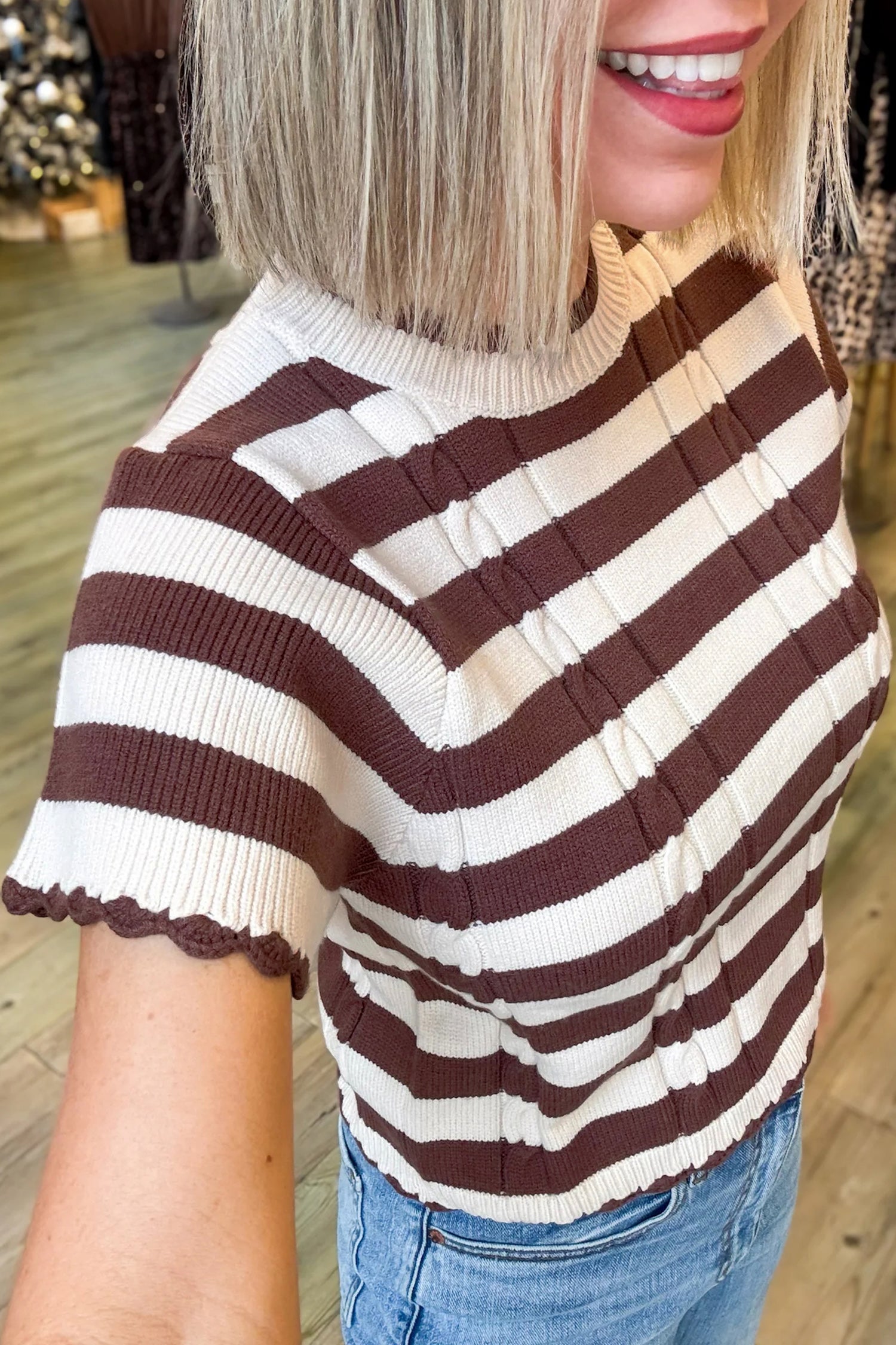 Brown Stripe Ribbed Knit Cable Detail Short Sleeve Sweater