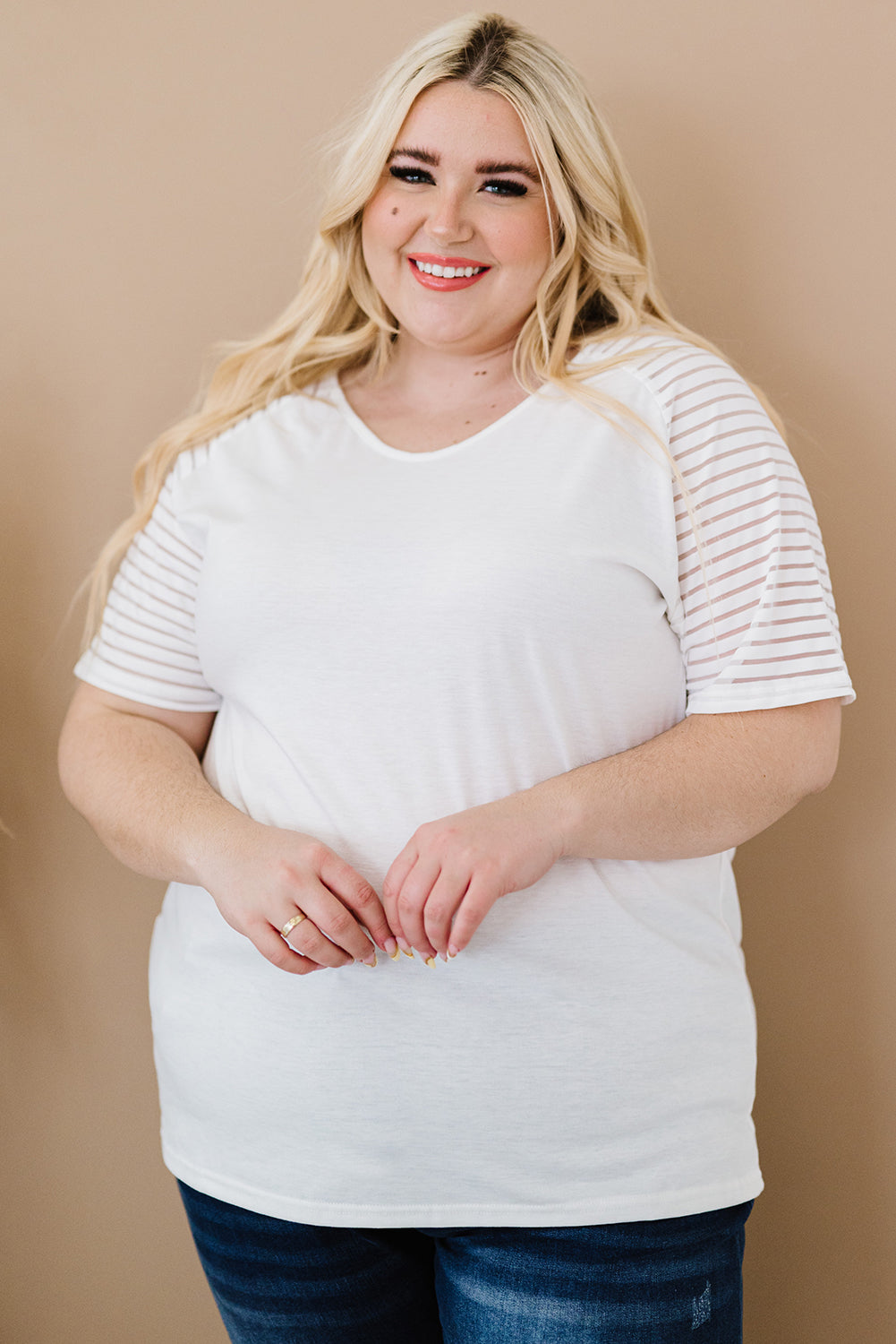 White Striped Raglan Sleeve Plus Size Tee
