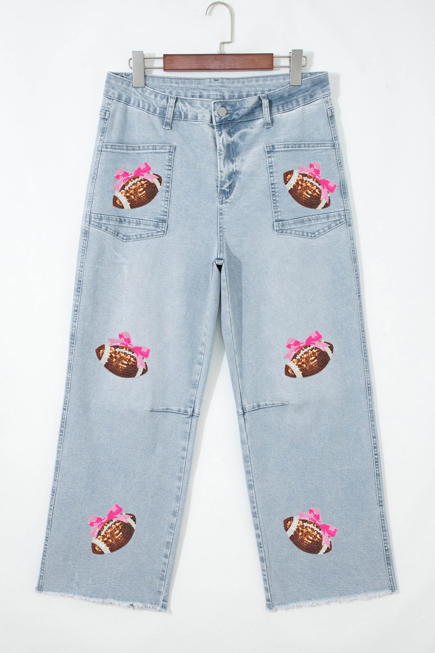 Beau Blue Sequin Bow Football Patches Raw Cut Ankle Length Jeans