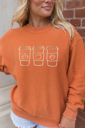 Orange Ribbed Texture Embroidered Fall Drinks Graphic Sweatshirt